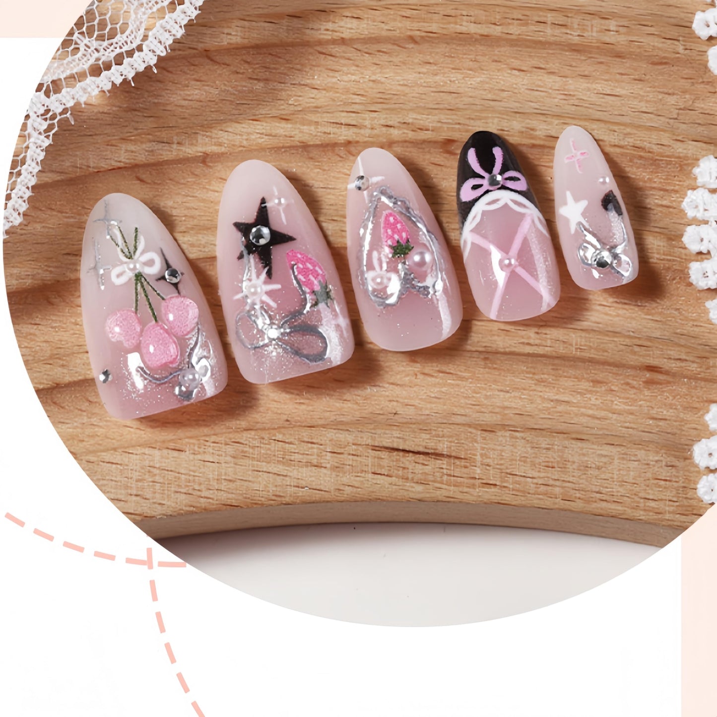 30Pcs Spring Summer Press on Nails Medium Almond Black French Tip Fake Nails with Pearl Rhinestones Designs 3D Flower Bow Heart False Nails Pink Strawberry Cute Star Glossy Acrylic Nails Set for Women
