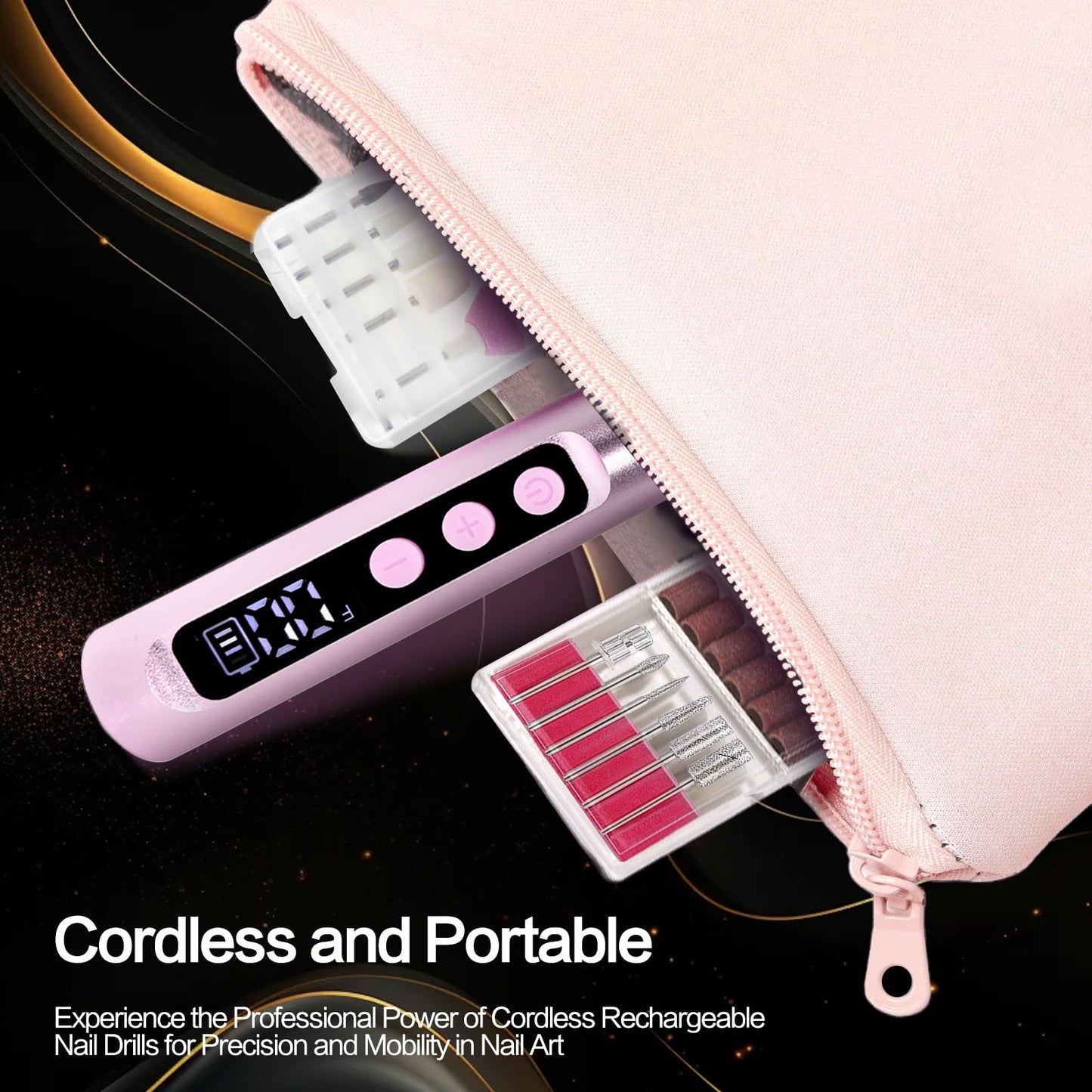 Cordless Nail Drill Electric Nail File Kit Rechargeable Professional Efile Nail Set, Portable Acrylic Gel Nail Polish Remover Machine Pedicure Manicure Tool, 11 Bits 39 Sanding Bands Salon Home