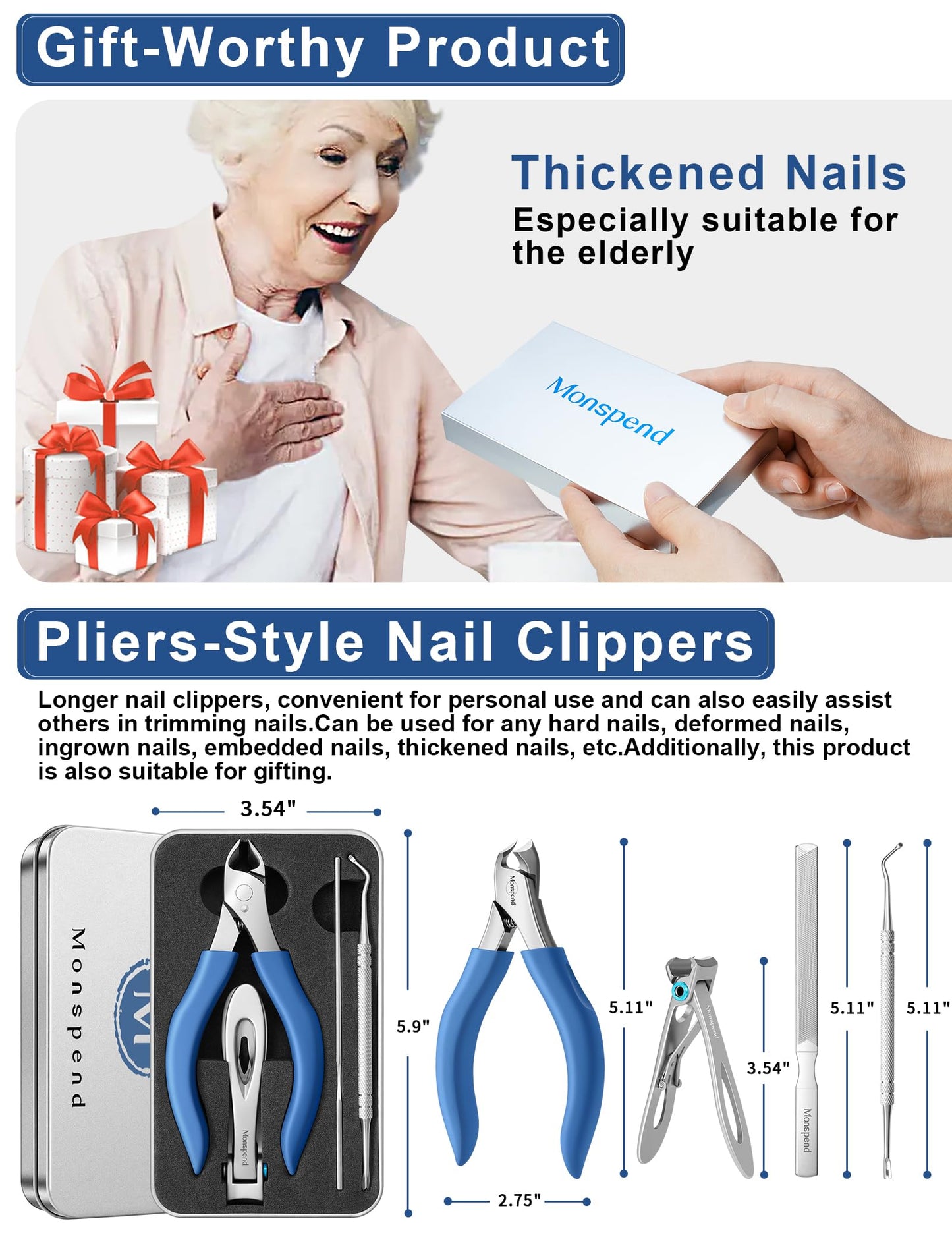Monspend Toenail Clippers for Seniors Thick Toenails, Heavy-Duty Toenail Clippers, Adult Thick Toenail Long Handle,Aluminum Storage Box (Blue)