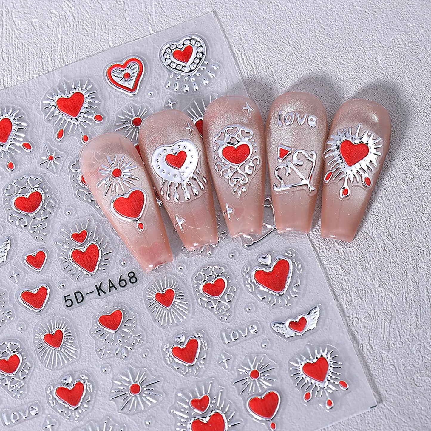 2 Sheets Red Heart Nail Stickers 3D Self-Adhesive Gold Silver Nail Decals Sun Moon Star Nail Stickers Bohemia Manicure Decorations for Women