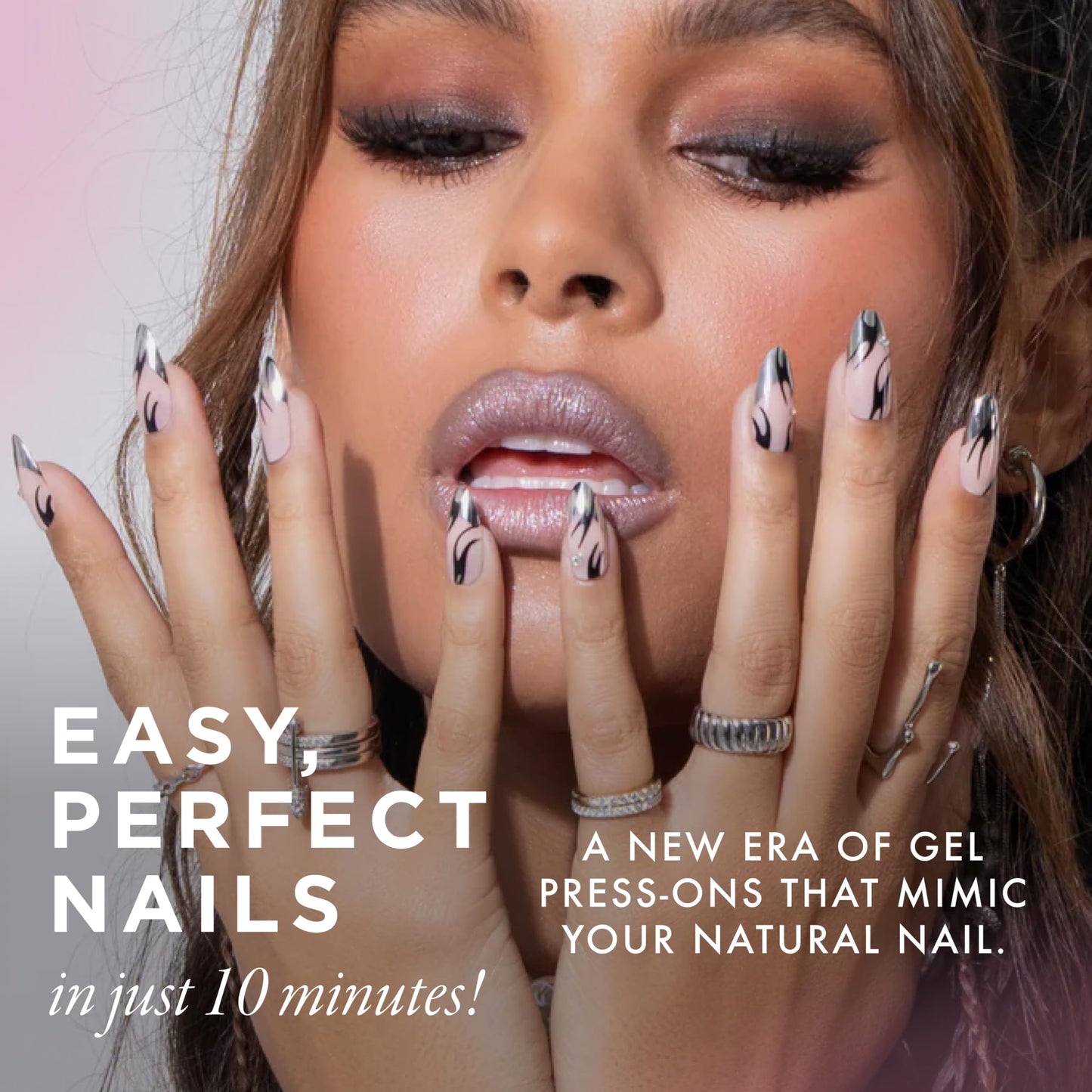 Lost Angels Gel Press On Nails - Chrome French Tip with Diamond Gems and Black Accents - Almond Medium Length - Easy Nail Kit with Adhesive Tab or Glue - 30 Fake Nail, 15 Sizes