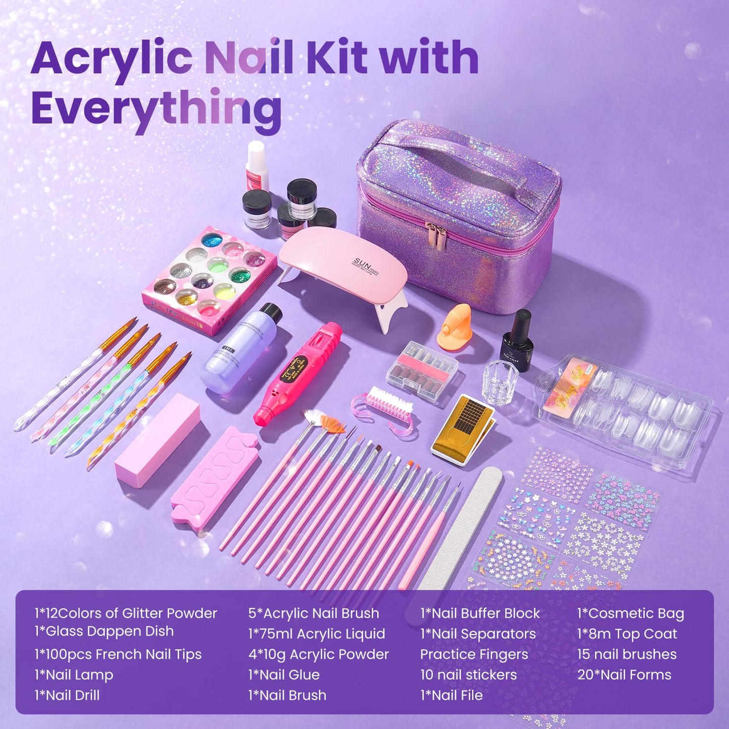 Nail Kit for Beginners with Everything: Professional Nails Kit Acrylic Set with Practice Finger Drill U V Light Acrylic Powder Liquid Decorations in Makeup Bag for Women Salon (Bling Purple)