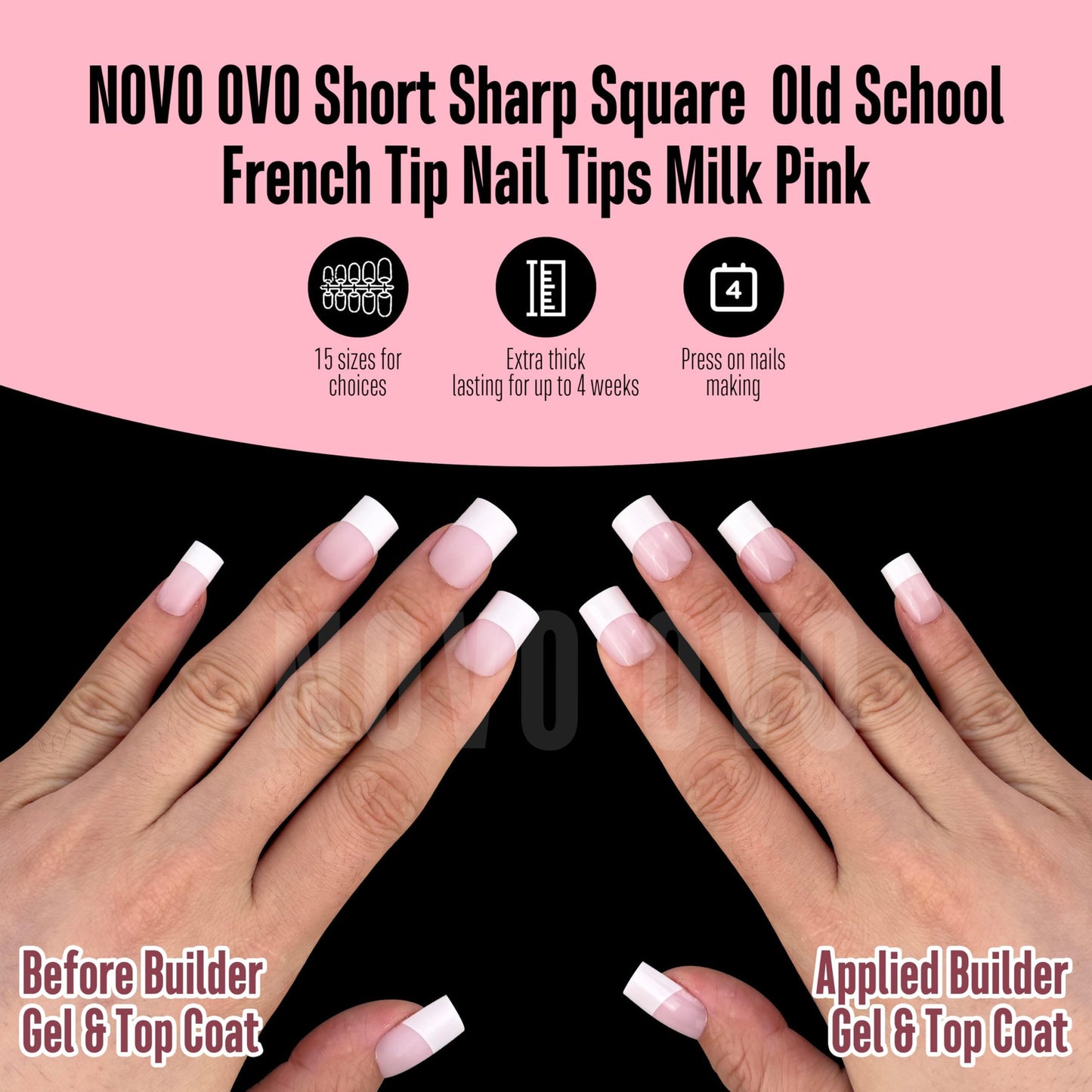 NOVO OVO Old School Wide White French Short Sharp Square Tip Nail Tips Press on MILKY PINK, Need Builder Gel Top Coat Nail Glue, Soft Gel Full Cover Fake Nail Extension, for DIY x 15 Sizes 240 pcs
