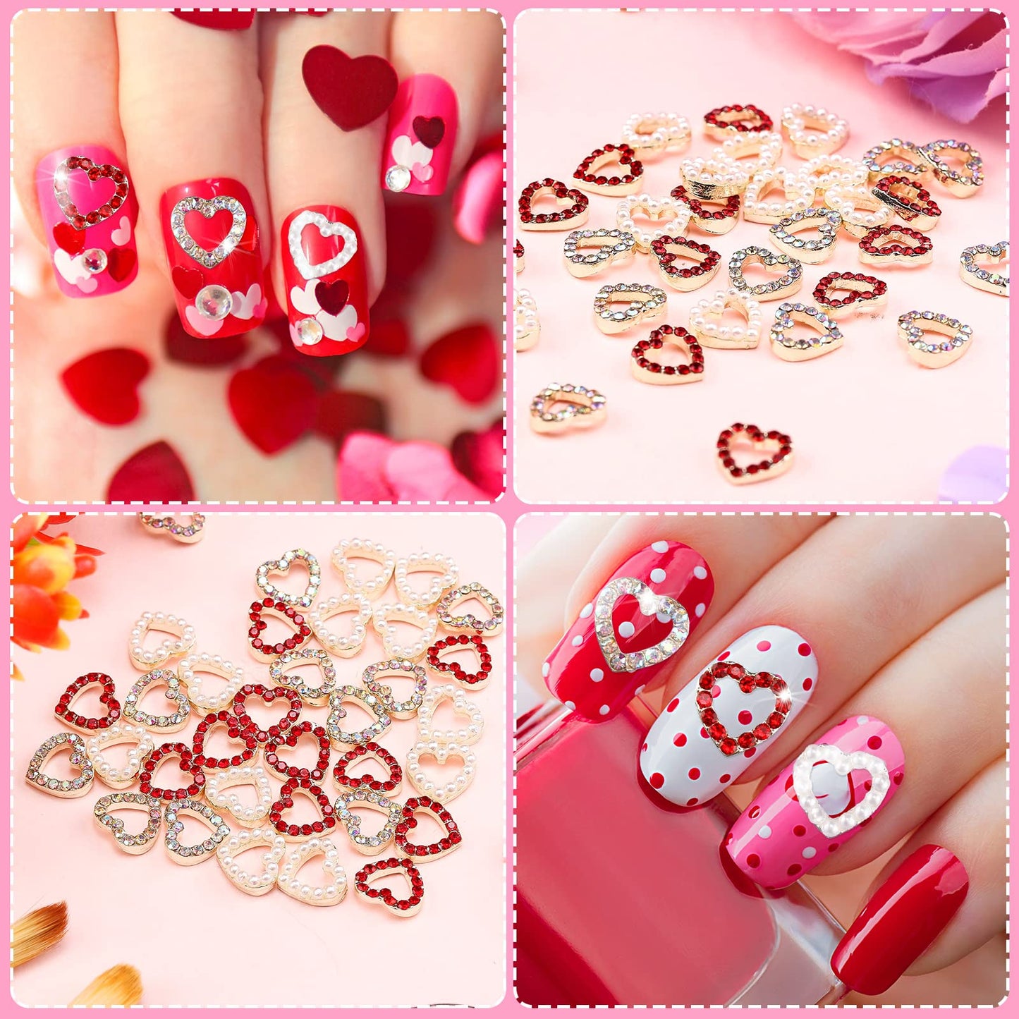 Leelosp 36 Pieces 3D Heart Nail Charms, Alloy Love Heart Nail Gems with Inlaid Rhinestone Pearls for Women Fingernail Art Decorations Christmas Valentine's Day DIY Crafting Design