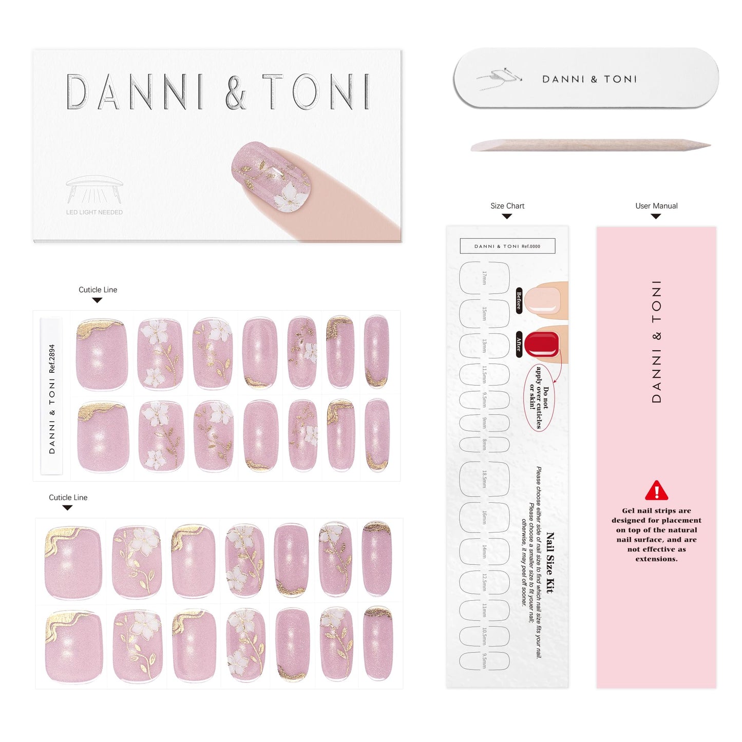 DANNI & TONI Semi Cured Gel Nail Strips Flower Nude Pink Cat Eye Gel Nail Stickers 28 Stickers Gift for Woman | Floral Grace