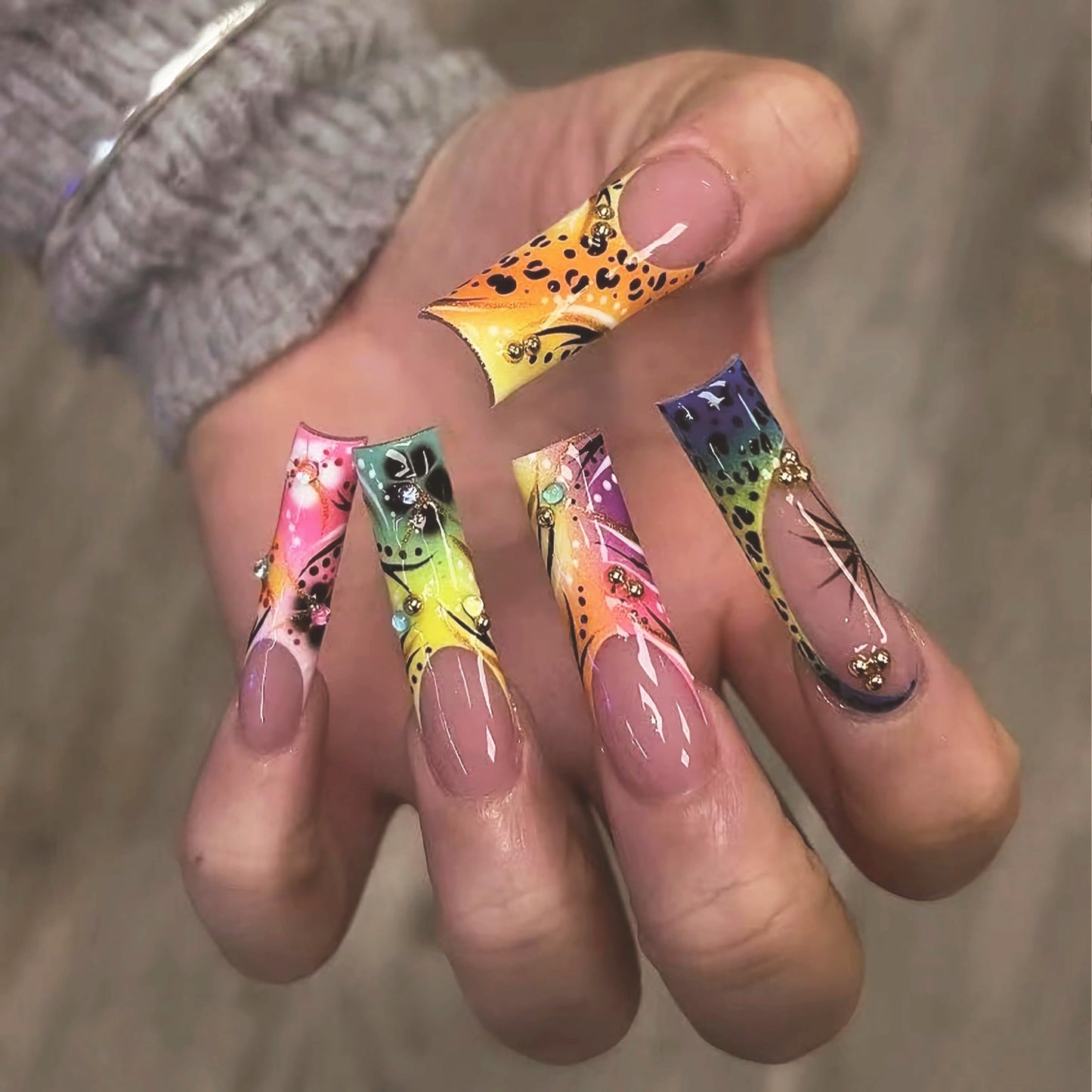 BABALAL Long Square Press on Acrylic Nails French Tip Fake Nails Yellow Green Purple Pink Stick on False Nails Summer Colorful Press ons Sparkly Bling Supplies Luxury for Women 24Pcs Coquette