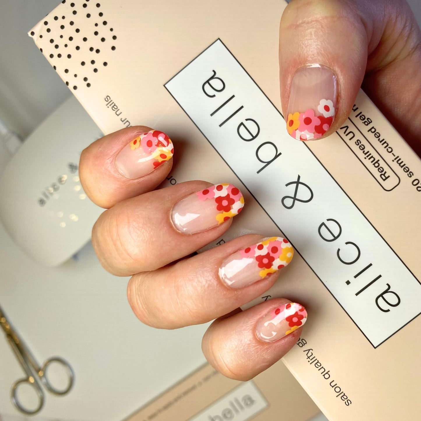 ALICE & BELLA Semi Cured Gel Nail Strips-20 PCS Multi-Color Floral Pattern Nail Strengthening Gel Stickers, Use with UV Light Lamp, Salon Quality Manicure Wraps (French Floral Bouquet)