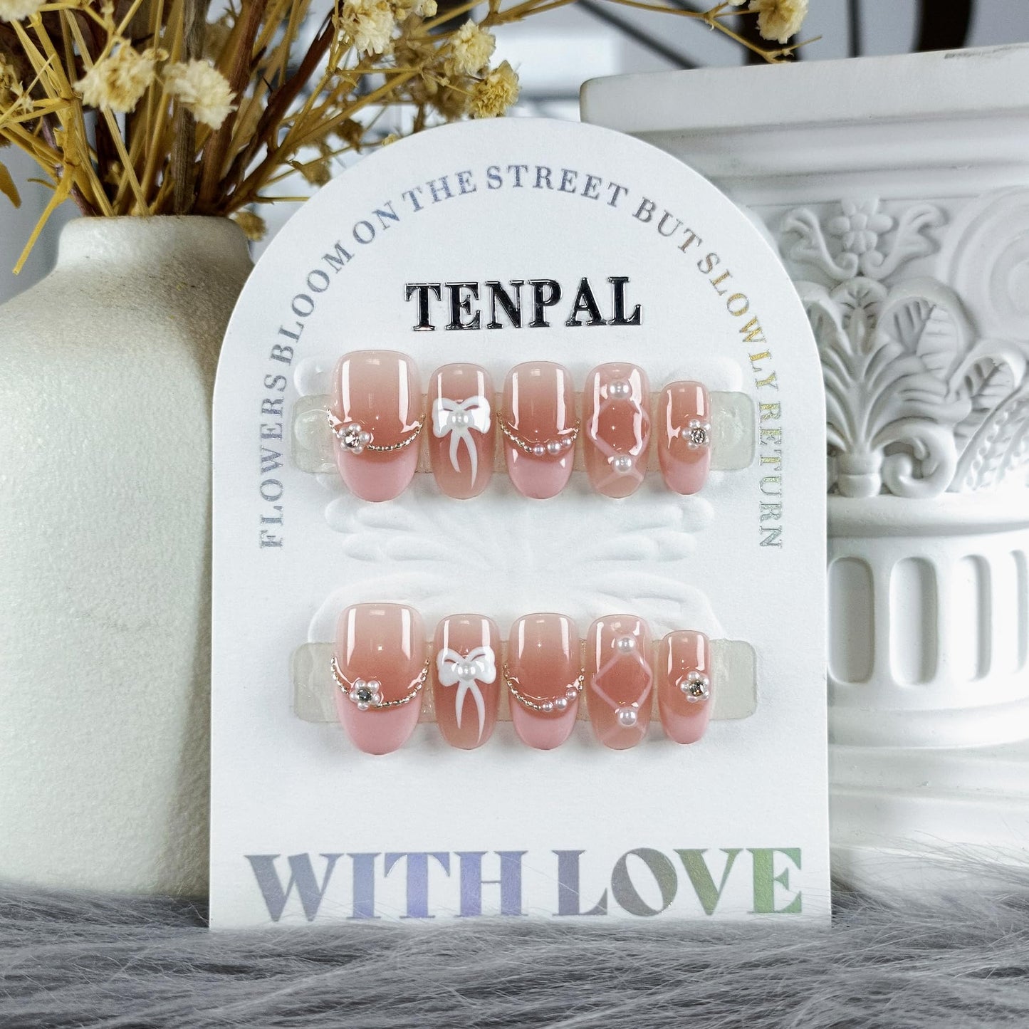 TENPAL French Tip Press on Nails Short Oval,Blush Pink Checkered Fake Nails with Hand-Painted 3D Pearl Bows,Ballerina Sweet False Nails Reusable Full Manicure Kit 10pcs Ballerina Sweet Nails(S)