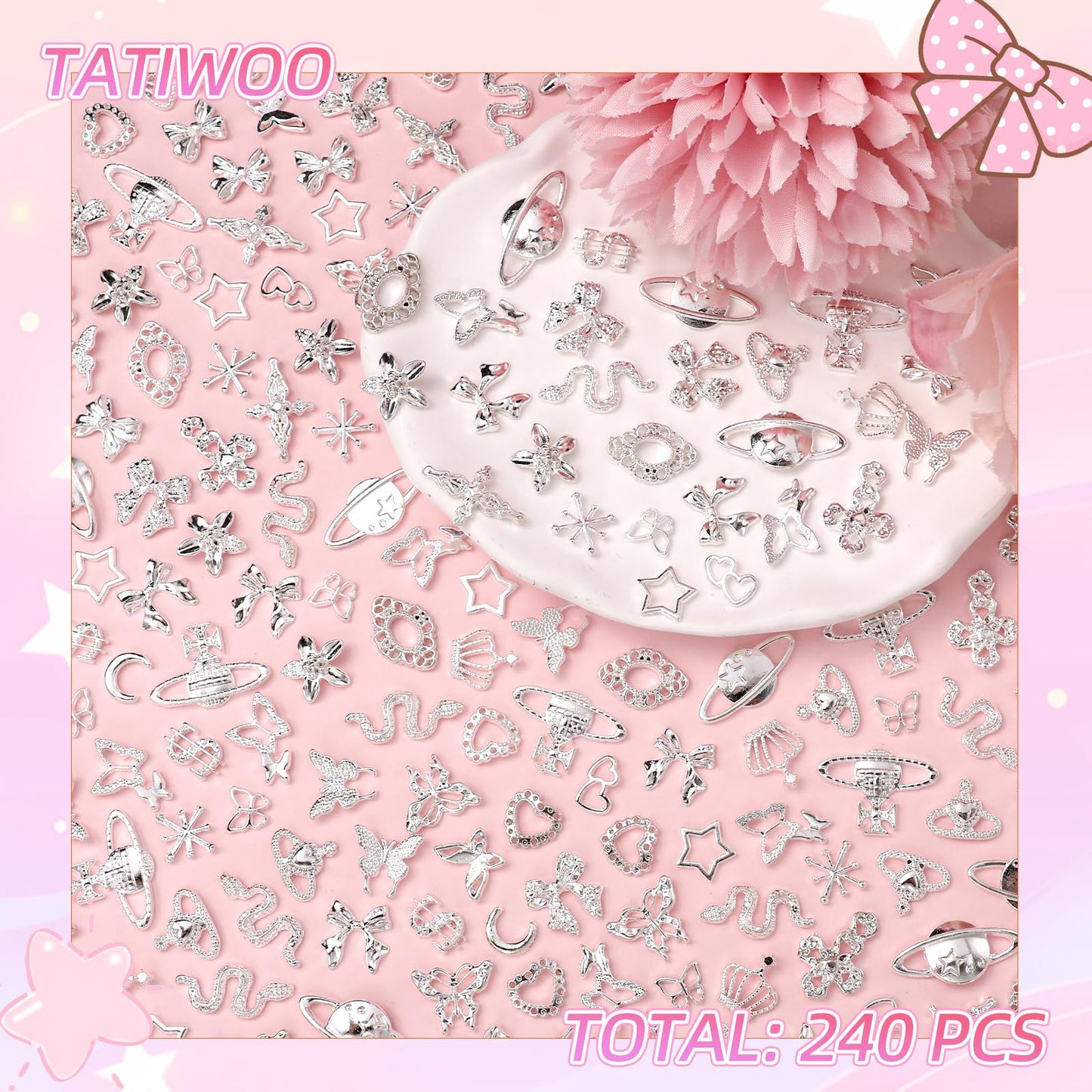 240 Pcs 3D Silver Nail Charms, Alloy Cross Star Crown Bows Nail Silver Charms, Shiny Planet Metal Nails Art Charms Snake Charm for Acrylic Nails DIY Y2K Accessories