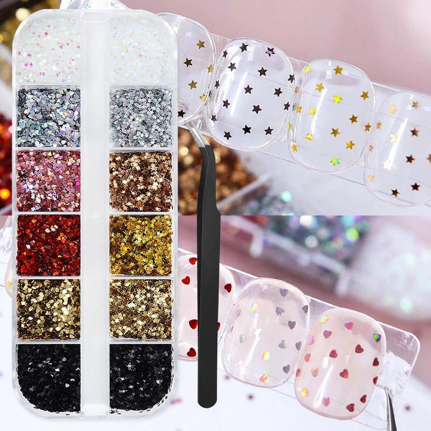 1 Box 12 Color Holographic Hearts Star Nail Glitter Tiny Heart Nail Sequins 3D Red Gold Nail Flakes Sparkly Powder Flakes Shiny Nail Glitter Valentine's Day Nail Sequins Glitter for Nails Art 12 Grids