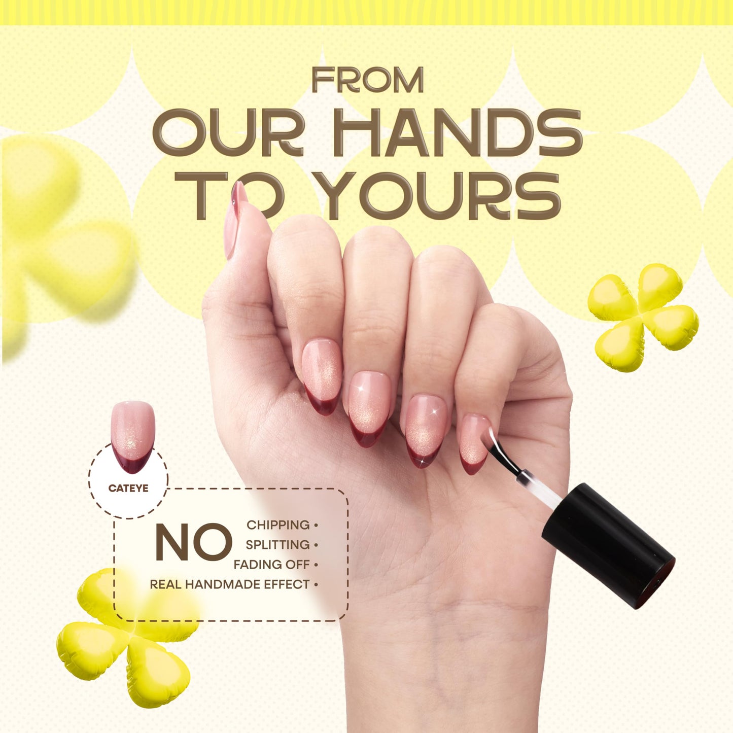 Nailique Press On Nails Short Almond – Handmade Red French Tip Cat Eye Soft Gel with Yellow Shimmer, 26pcs Reusable Nail Tips with Lamp-Curable Glue, Salon Quality Wedding Party Manicure