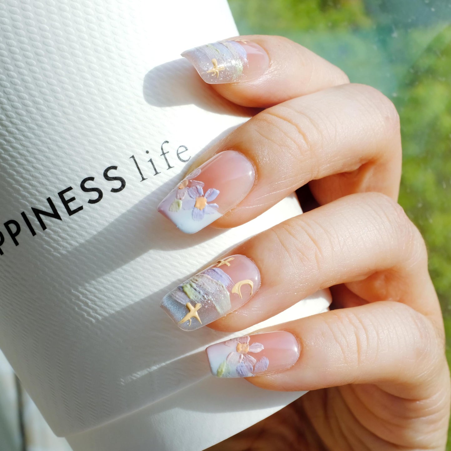 [GLORS] Purly Handmade Medium Ballerina Press on Nails | Oil Painting Style Flower in White and Nude French Tip Nails, 10 Pieces (Small, MB)