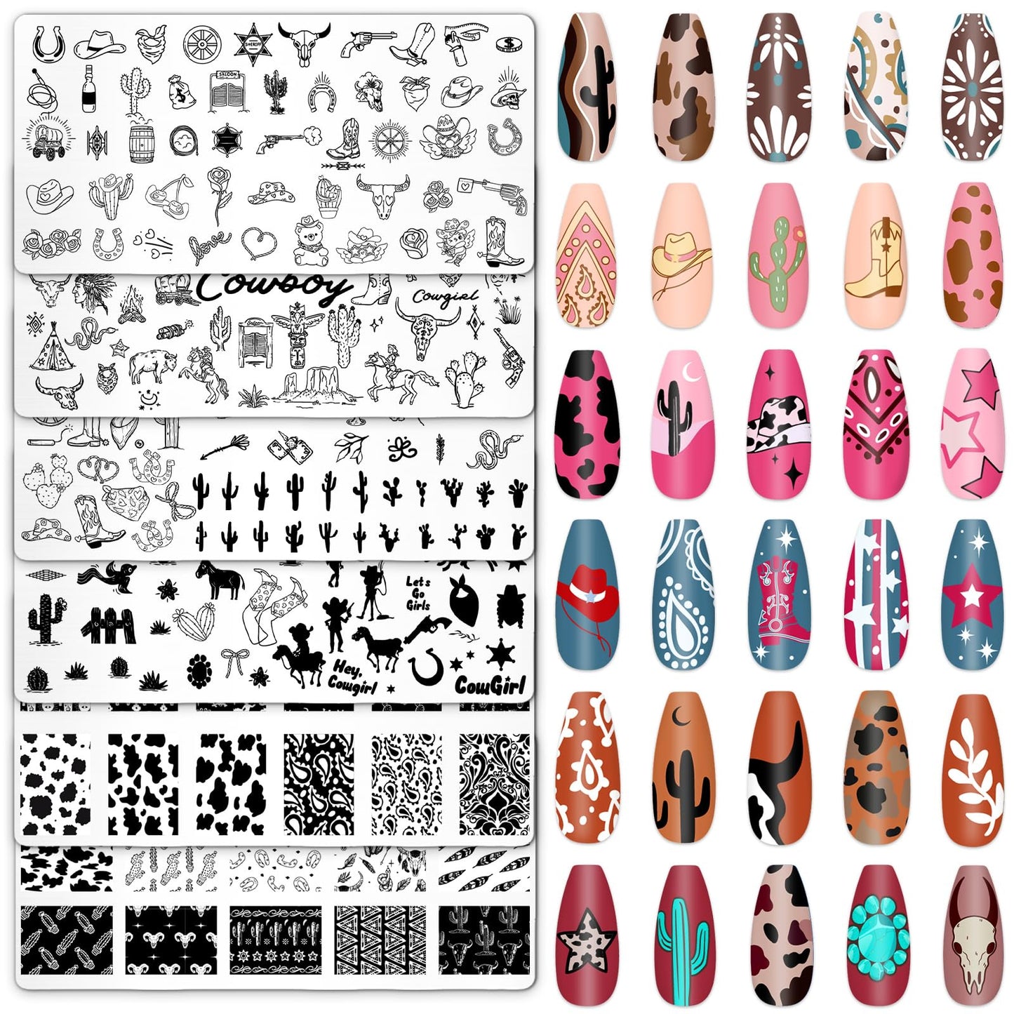Whaline 6 Pcs Western Nail Plates Stamping Set Cowboy Cowgirl Stamp Templates Nail Art Plates for DIY Print Manicure Salon Design