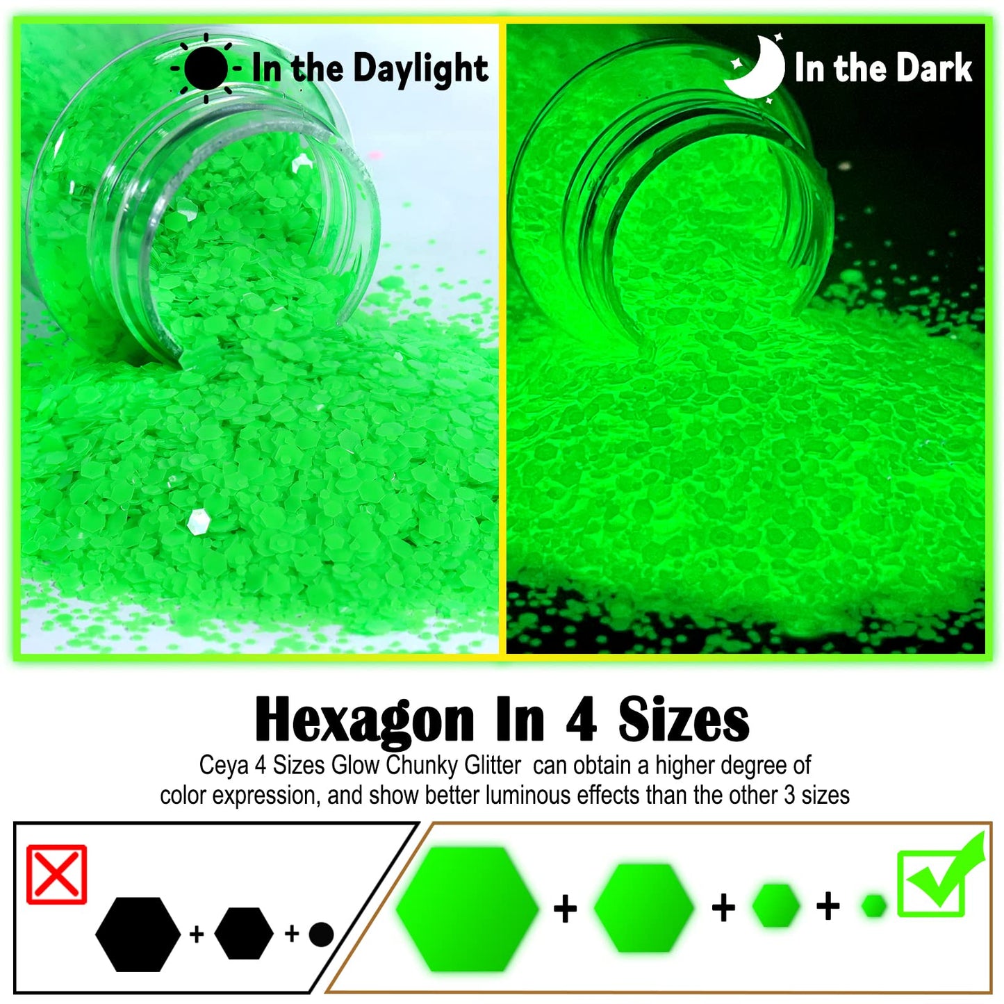 Ceya Glow in The Dark Glitter, 2.8oz/ 80g White Luminous Chunky Glitter Mix Fine Powder Flakes Fluorescent Nail Sequins for Epoxy Resin, Tumblers, Halloween Party, Festival Decor