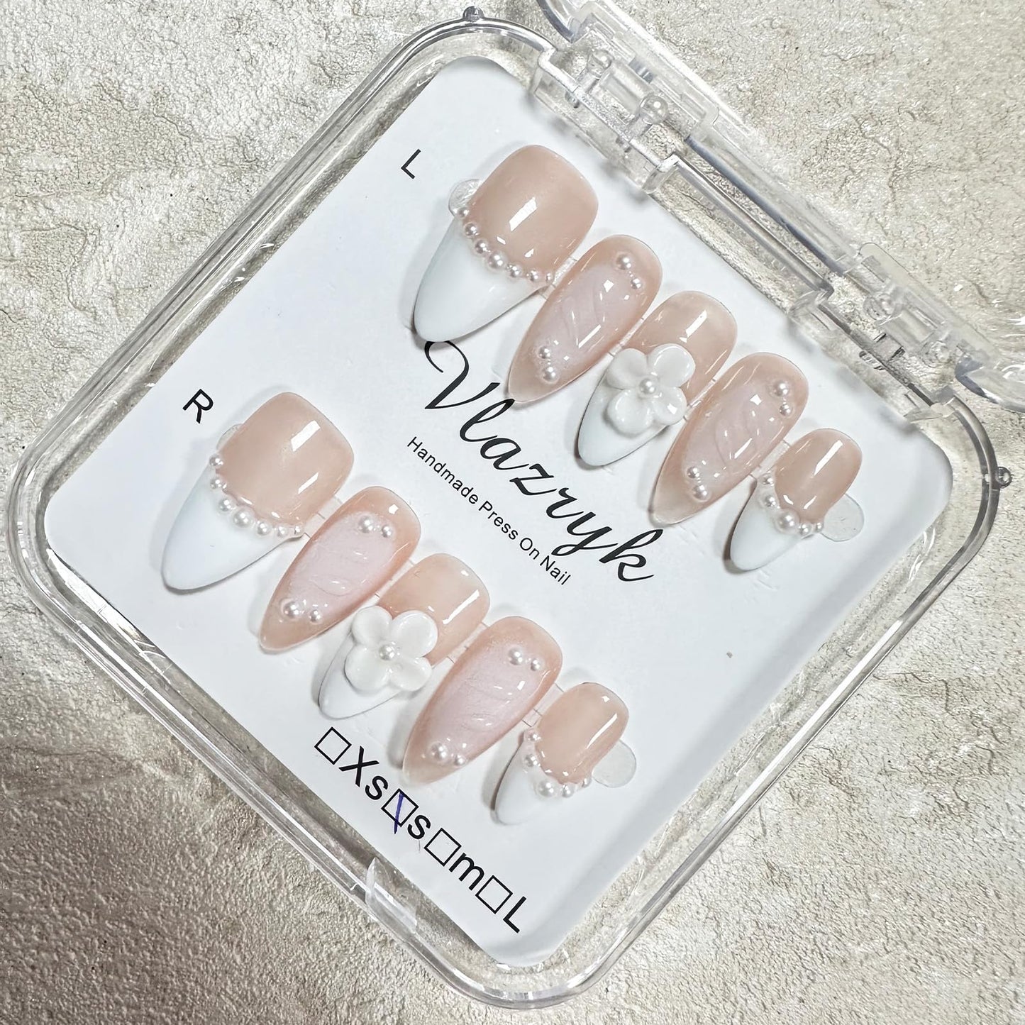 Handmade Press On Nails – Short Almond False Nails for Women, Reusable Acrylic White French Tip with Pearl & 3D Flowers Design – Salon Quality Fake Nails (M-10PCS）