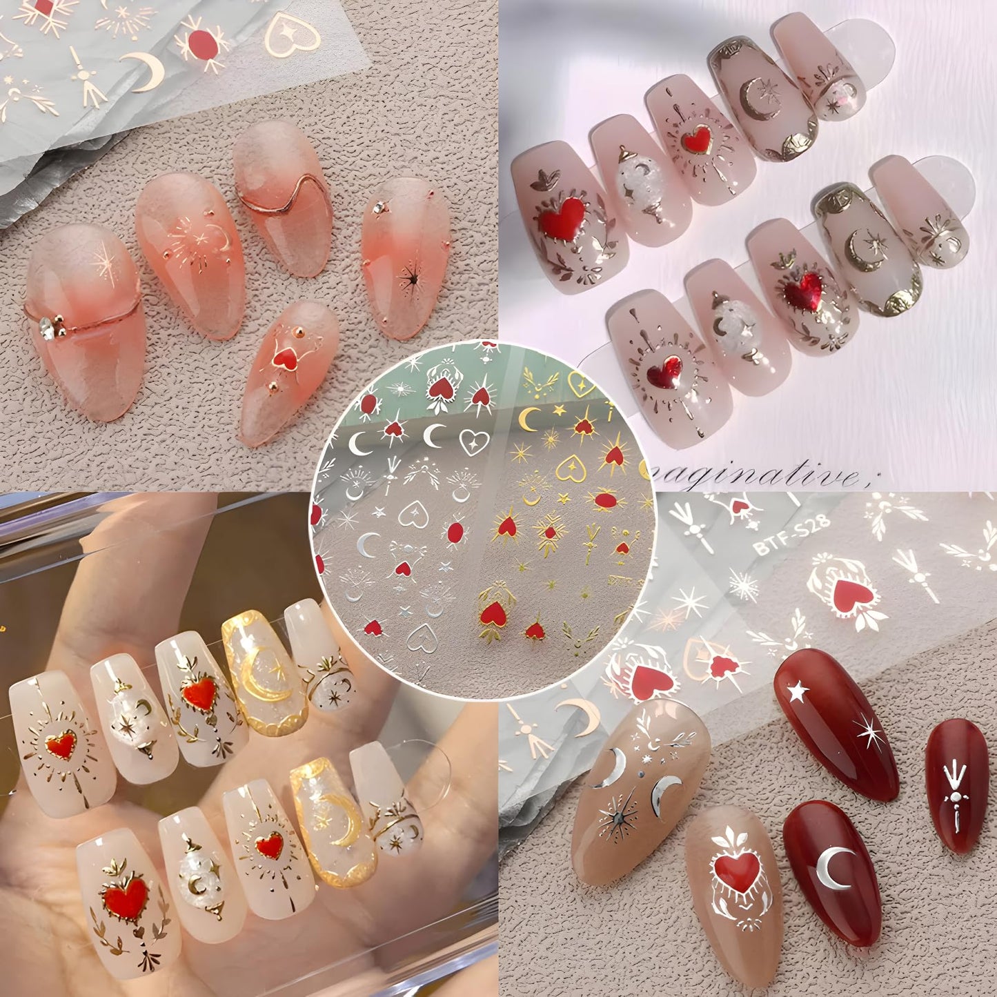 Star Nail Art Stickers - 12 Sheets, 3D Self-Adhesive Gold Moon, Red Heart, Silver Star Designs for Nail Art Decoration