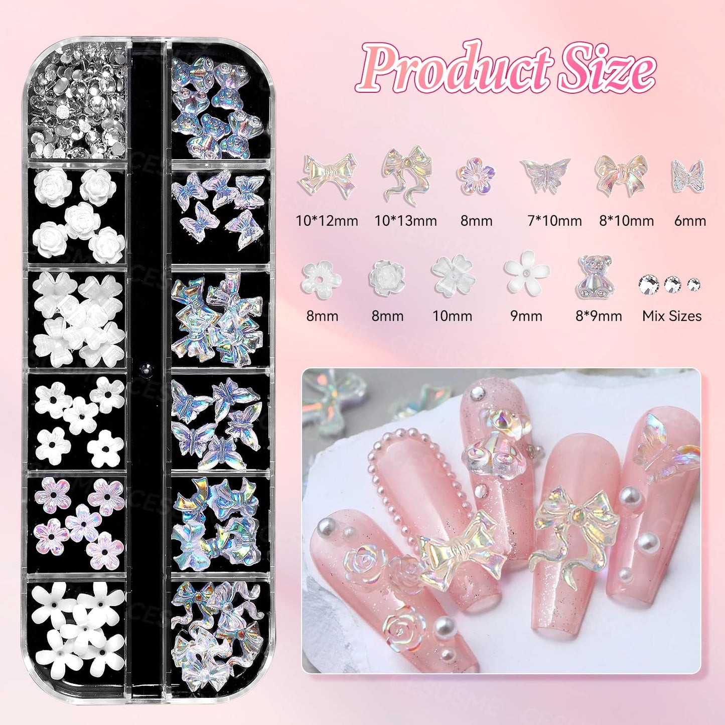 3 Boxes Bow Flower Nail Charms, 3D Color Flowers Nail Bows Charms for Nails Art, Polar Butterfly Bowknot Nail Art Charms, White Rose Flower Charms for Nail Art Jewels Supplies DIY Craft