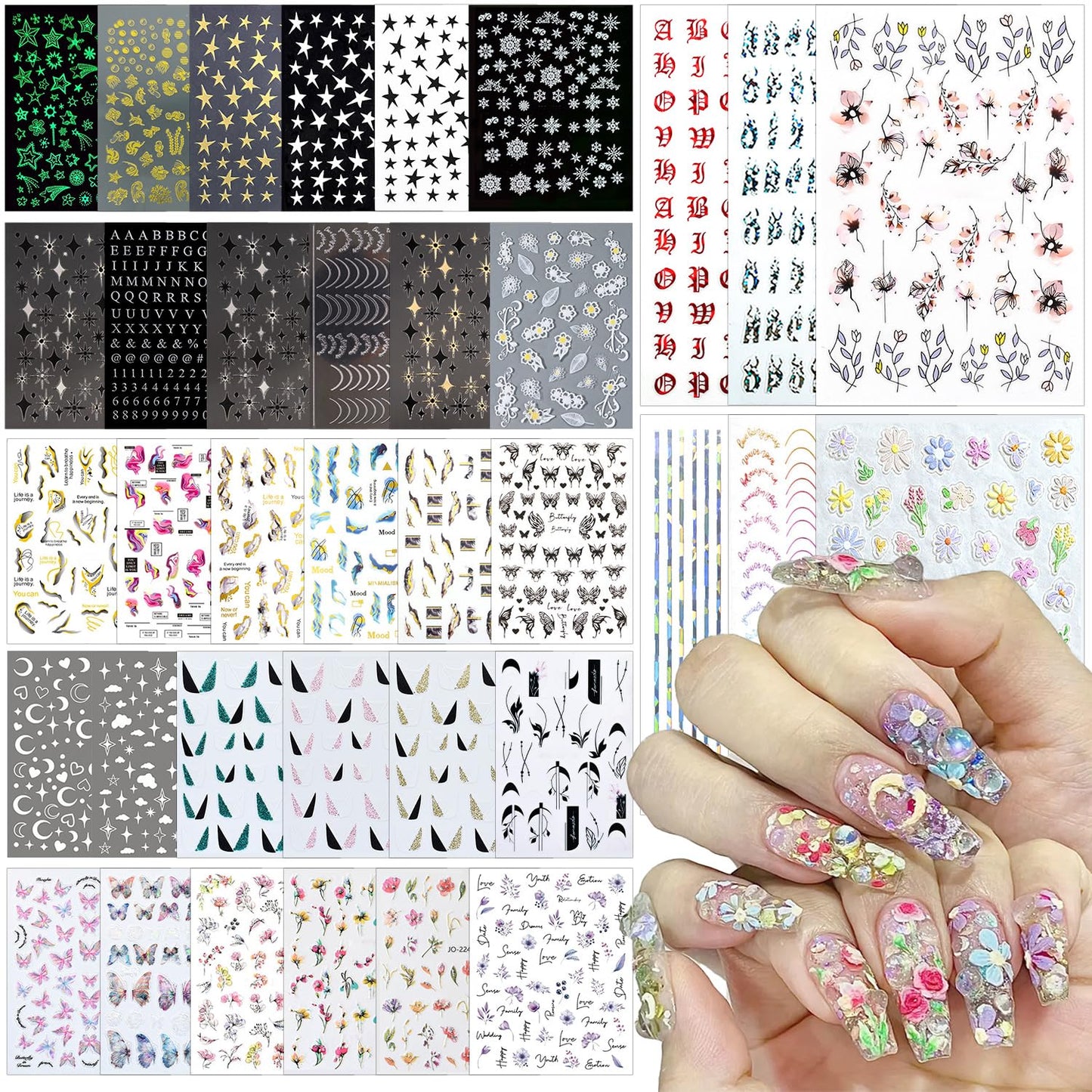 DANNEASY 36 Sheets Varied Nail Art Stickers, Butterfly Flower Letter Star French Tips Gold Nail Decals Self-Adhesive Nail Design Stickers Colorful Nail Stickers for Nail Art Women Kids