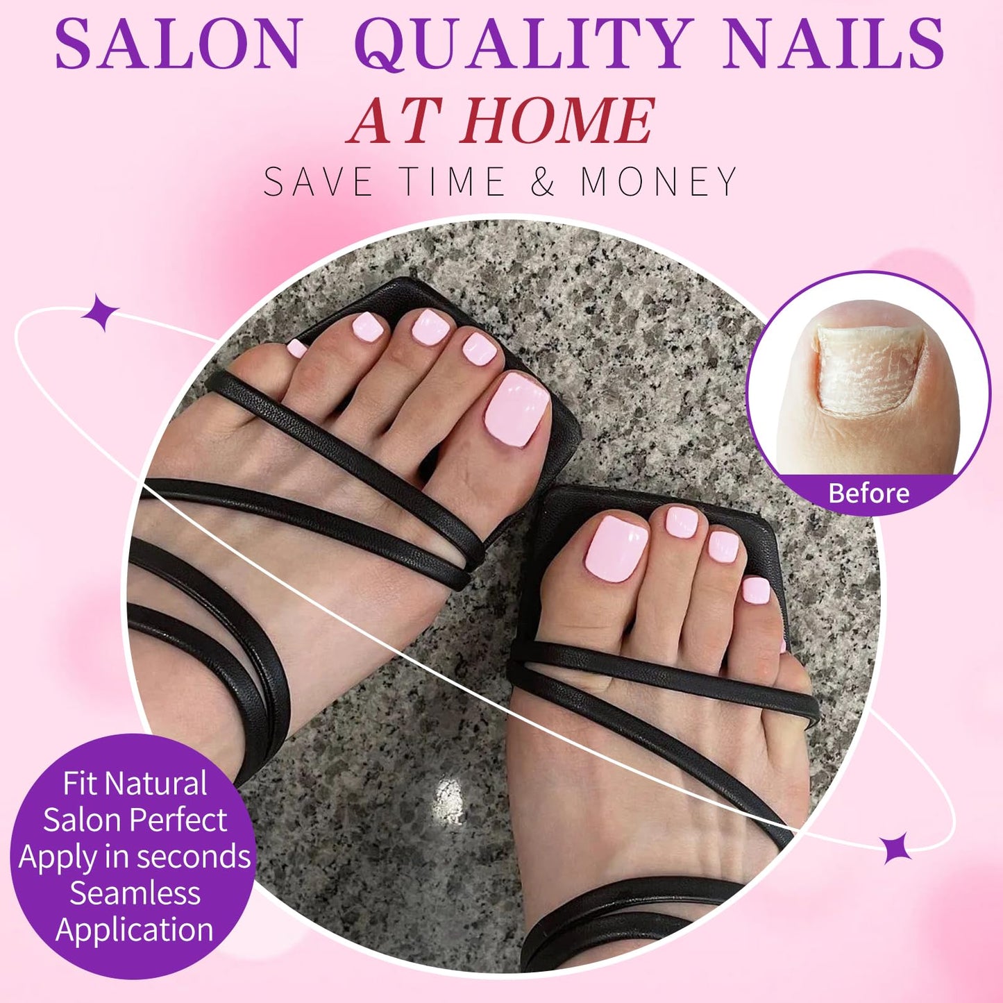 LoveOurHome 120pc Press on Toenails Women Fake Toe Nails with Tabs, Subtle Pink Fake Toenails Press on Toe Nails Glue on Toenail Acrylic Toe Nail Tips Artificial False Toenail for Women Girls