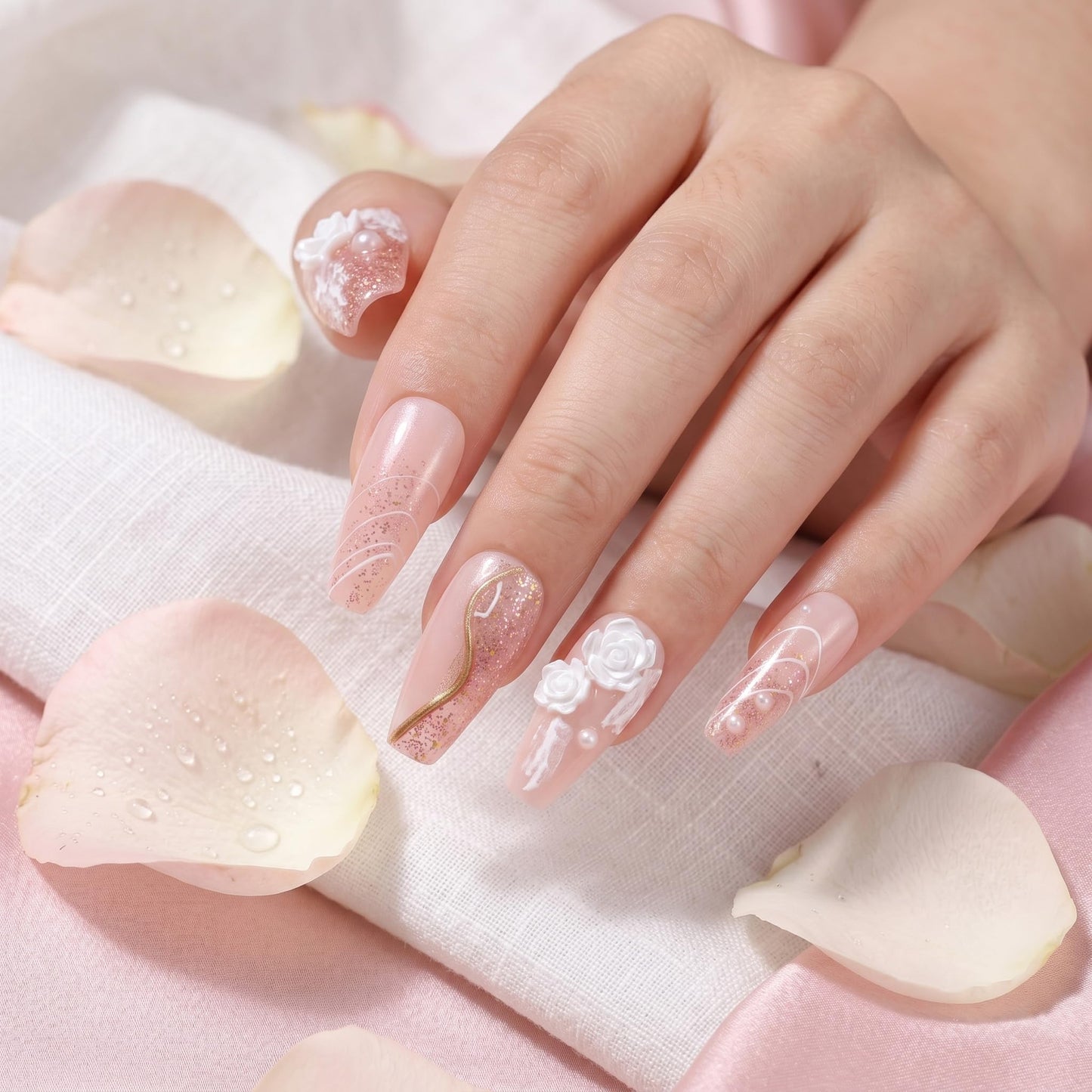 Sun&Beam Nails Handmade Press on Fake Nails Medium Long Nail Tips Popular Design Ballerina Pink 3D Flower Cute Pearl with Storage Box 10 Pcs (#002 L)