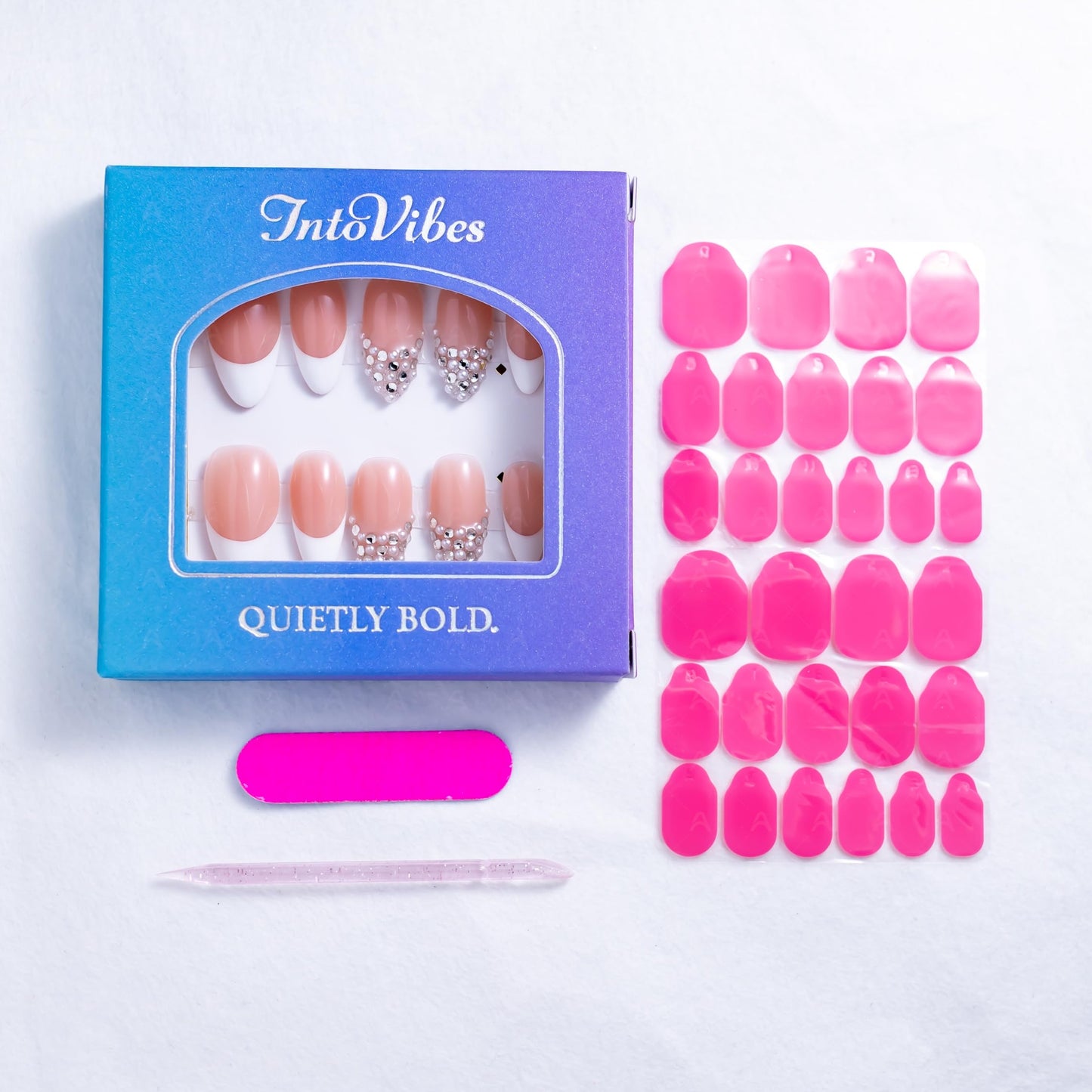 IntoVibes 10 Pieces Handmade Press On Nails Medium Almond, White Thickened French False Nails, Pearls And Rhinestone, Reusable Fake Nails Almond, Reusable Acrylic Nails (L)