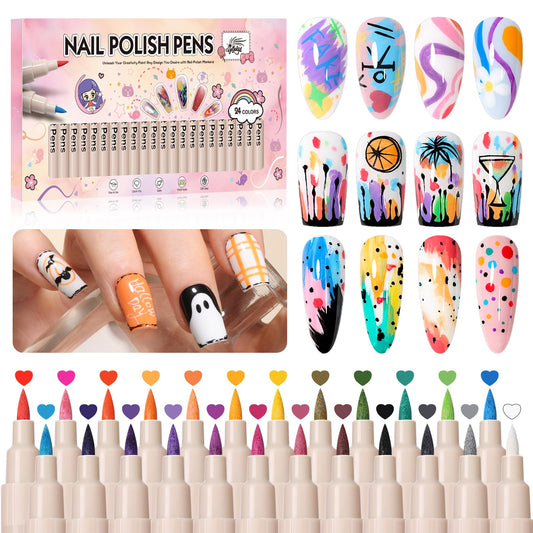GELLAKTIK 24 Colors Nail Art Pens Set, Professional Nail Polish Markers with Fine Tip & Dotting Brush, MarkerPen Quick-Drying 3D Acrylic Paint for DIY Nail Art Design, Home and Salon Manicure Tools