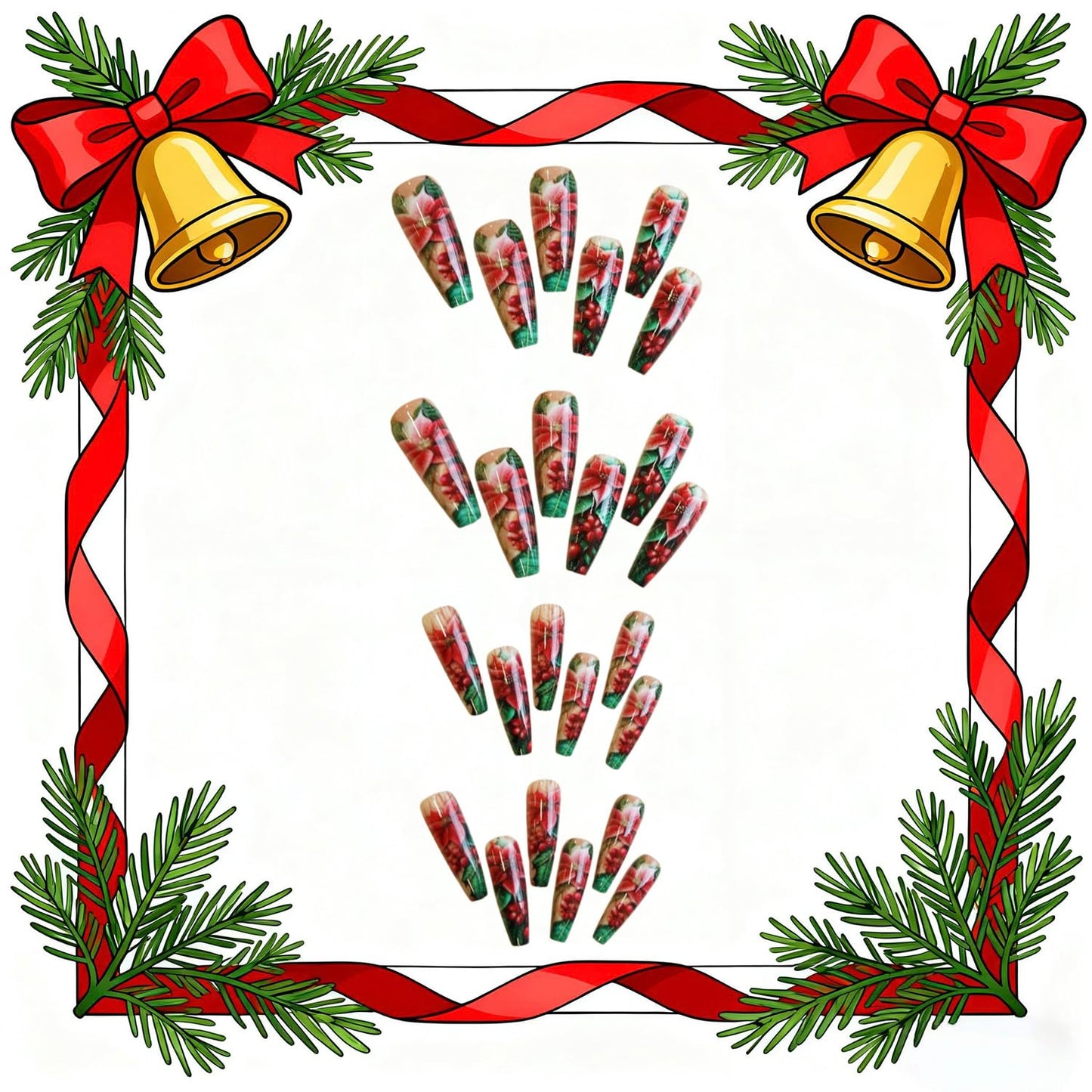 24Pcs CJDLTS Flower Press on Nails Long Ballet Artificial Acrylic False Nails Green Leaf Red Floral Design Stick on Nail Christmas Fake Nail Full Cover Winter Artificial Fingernails for Women Manicure