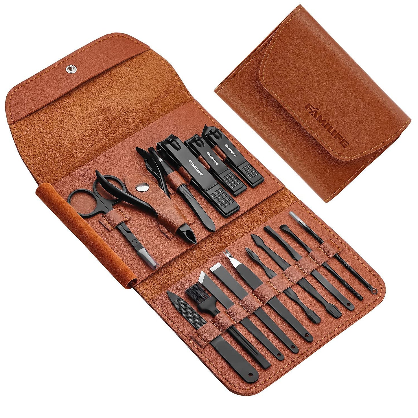 FAMILIFE Manicure Set, Pedicure Kit Nail Clipper Set 16pcs Professional Men Black Grooming Kit and 13pcs Pedicure Kit Rose Gold Nail Clipper Set Professional Manicure Kit Pink Stainless Steel