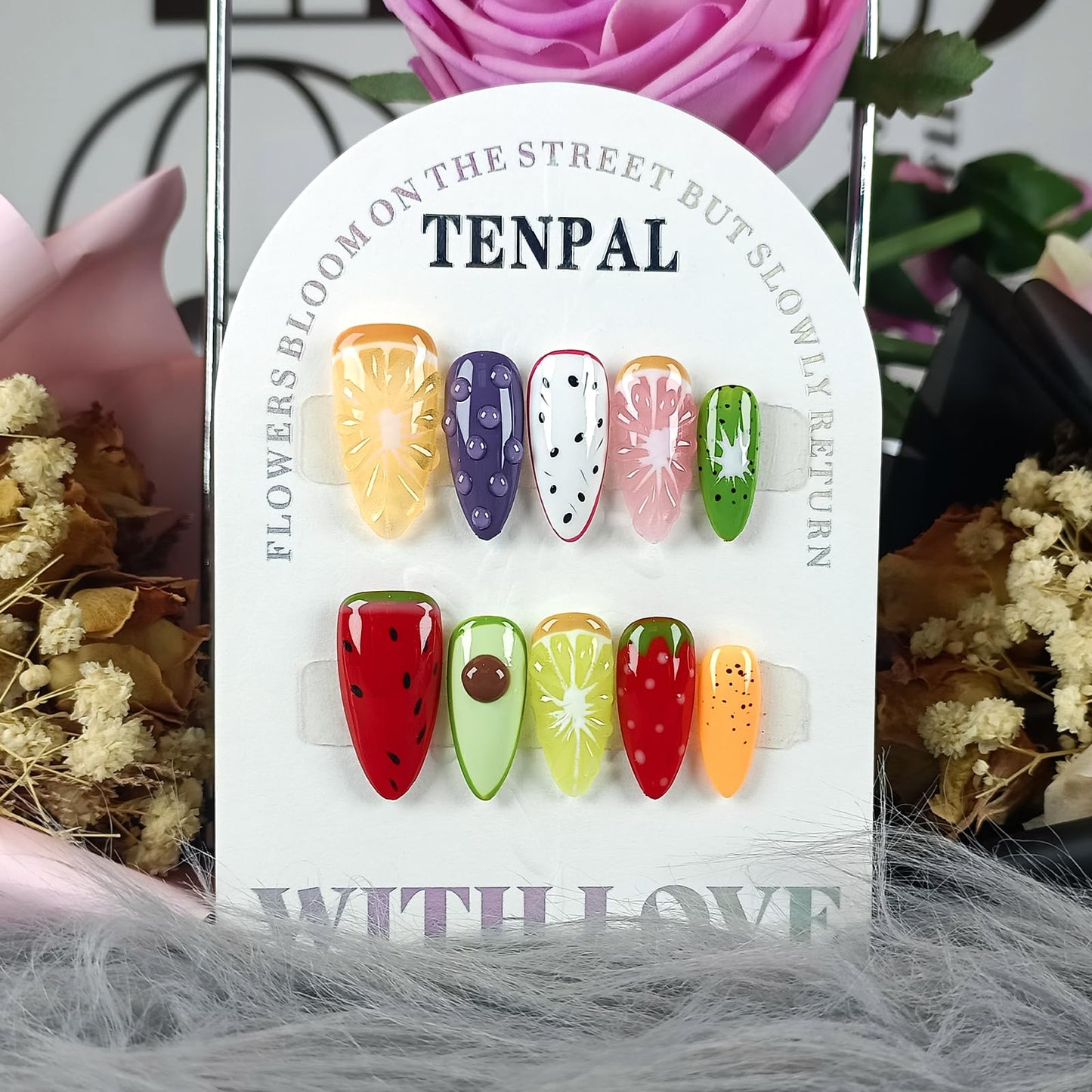 TENPAL Summer Fruit Press on Nails - Vibrant Almond Shaped Fake Nails with Kiwi, Watermelon & Avocado Designs | Reusable Colorful Nail Art for Women | Tropical Fruit Manicure Set (Medium Length,L)