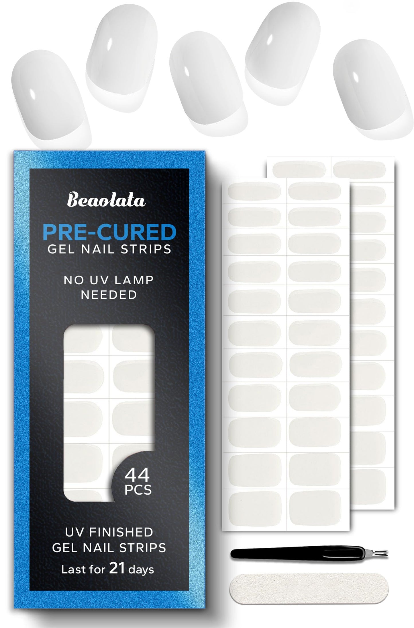 Beaolata Real Gel Nail Strips (No UV Light Needed) - 44Pcs Salon Quality Nail Stickers - Long Lasting Polish Wraps for Women, Easy Apply & Remove (Angel Kiss White)