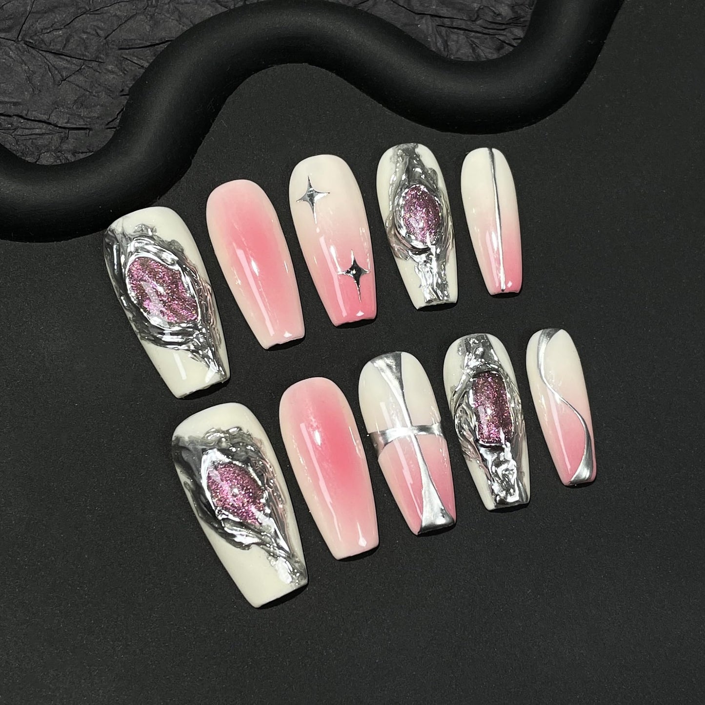 TENPAL 10pcs Coffin Press-On Nails Kit,Punk Metal Glam False Nails with Airbrush Blush Designs,Cat Eye Edgy Gradient Pink Nails with Rhinestones,Hip Hop Goth Chrome Fake Nails Set with Tools(S)