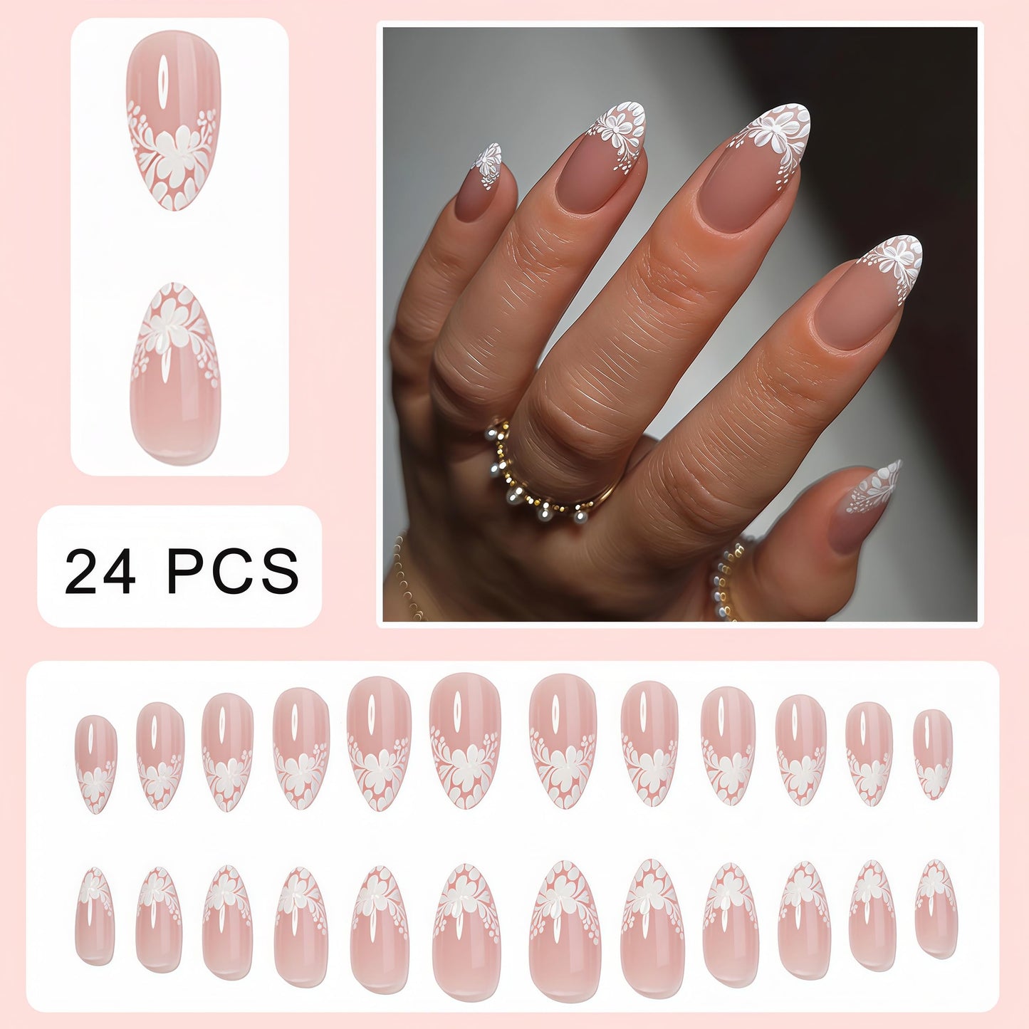 3D Floral French Press on Nails Medium Almond Fake Nails White Lace Floral French False Nails with 3D Daisy Flower Design Glossy Spring Stick on Nails for Women Girls Manicure Decoration 24 pcs