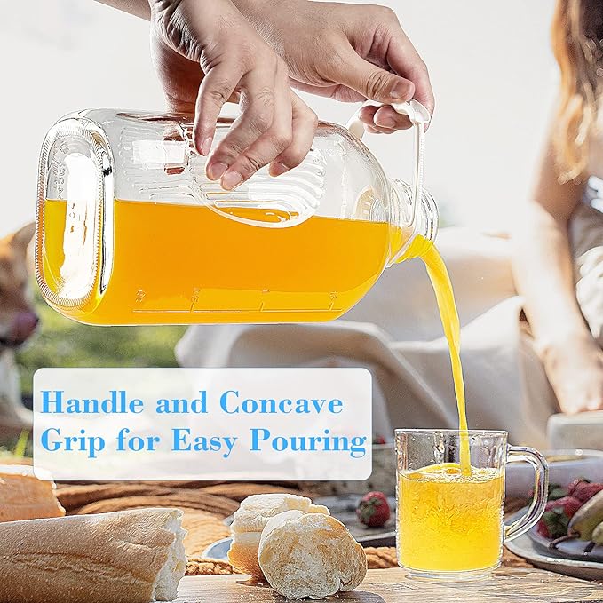 Syntic 2 Qt Glass Milk Bottle with Reusable Strong Airtight SCREW LID, 64 Oz Glass Juice Bottles for Almond Milk, Oat/Nut Milk- 0.5 Gal Water Bottle with 2 Exact Scale Lines, Extra Handle AND Cap！