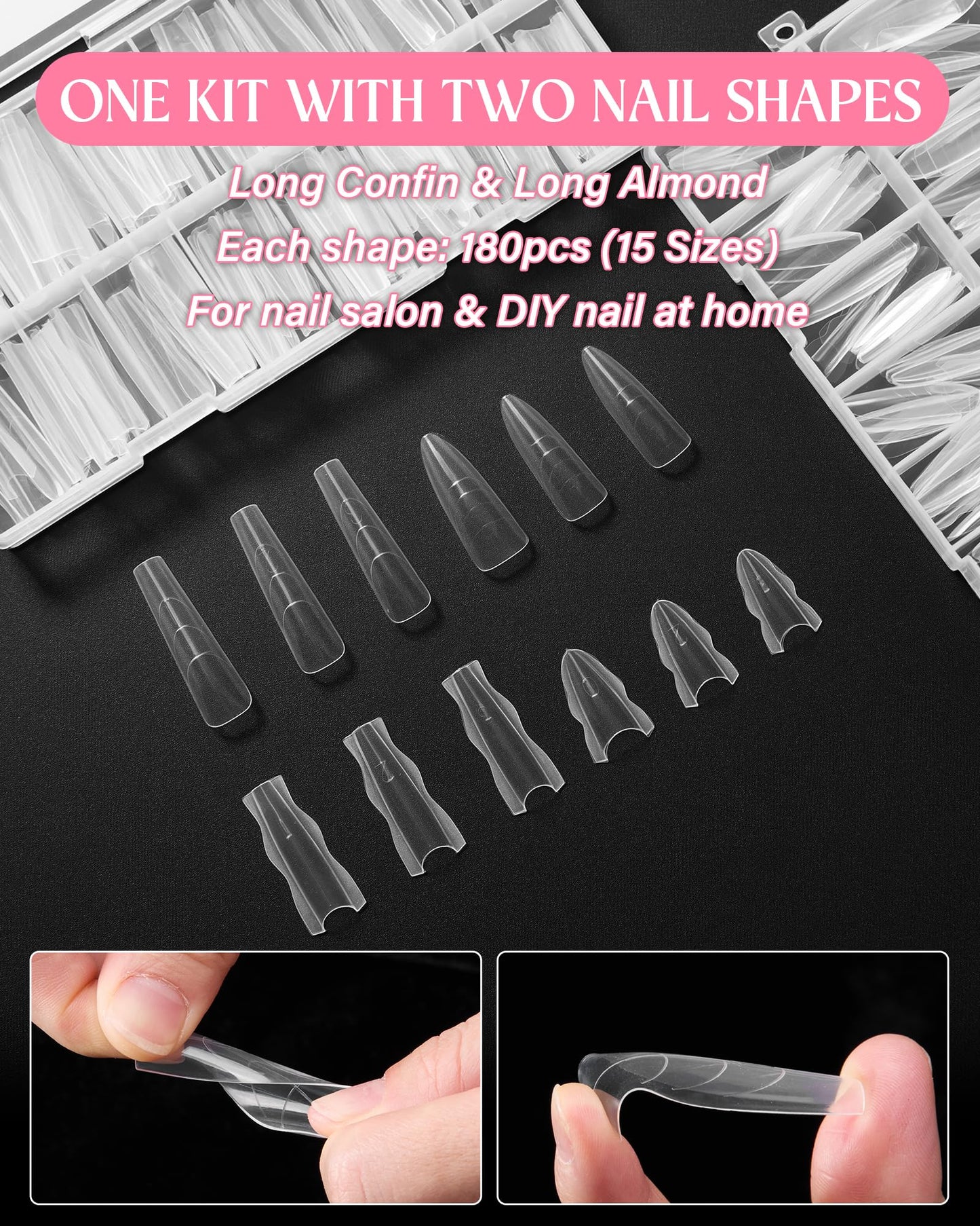 Naughtology Sandwich Nail Dual Form Kit - 360 PCS Coffin & Almond Dual Forms for Nail Extensions, 15 Sizes, Reusable Plastic Forms for Polygel, Acrylic, Builder Gel - Perfect for DIY & Salon Use