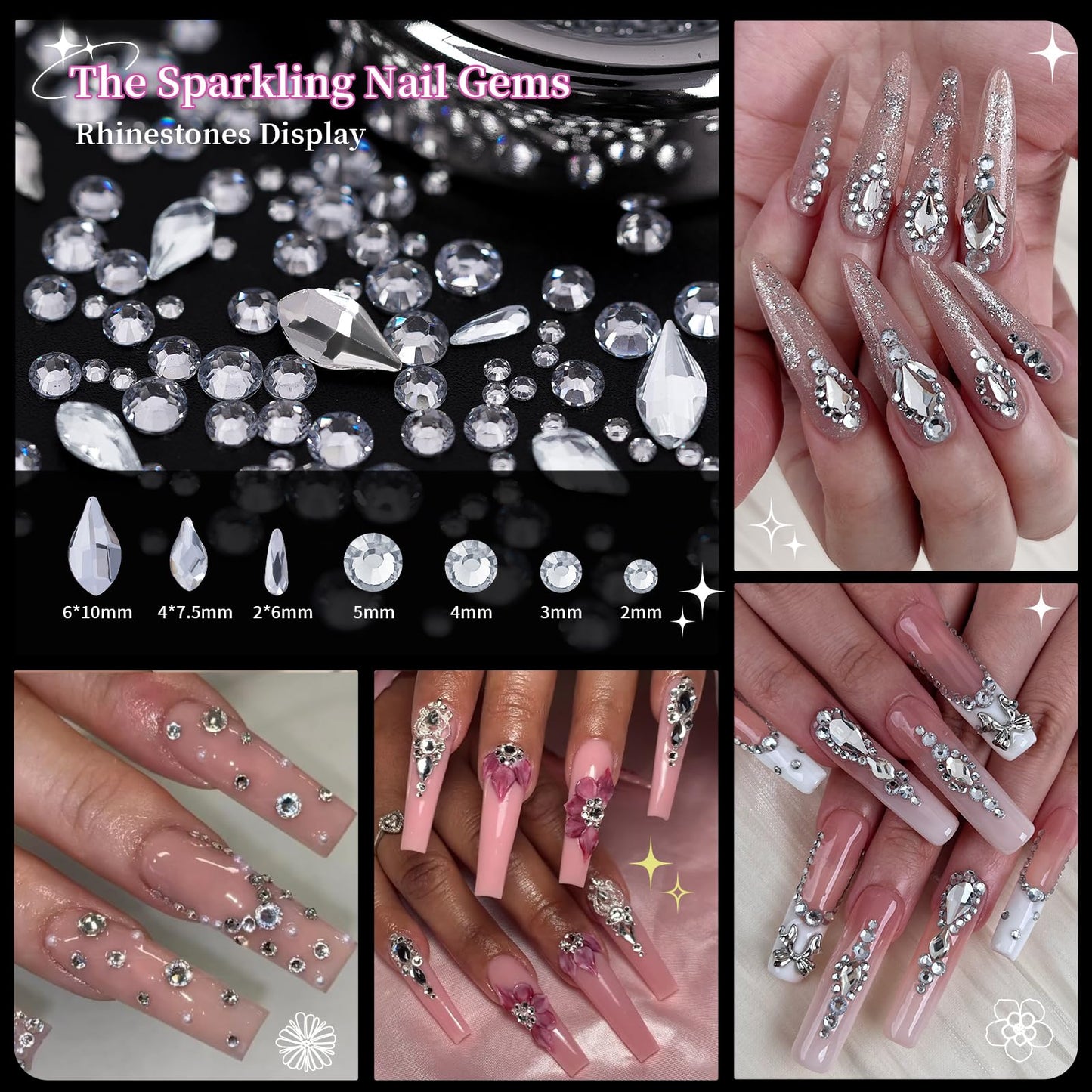 EARLMONI 12000PCS Flat Back Rhinestone Kits Pink Rhinestones Silver Face Gems Gold Nail Charms Flatback Pearls + Rhinestone Picker Tool 3D Shapes Nails Jewels for Bedazzling Face Makeup and Nail Art
