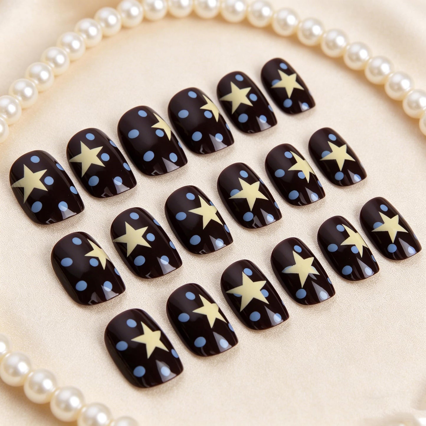 BABALAL Press On Nails, Short Square Fake Nails, Brown with Star & Blue Polka Dot Design, Glossy Retro Western Cowgirl Glue On Nails for Women and Girls 24Pcs