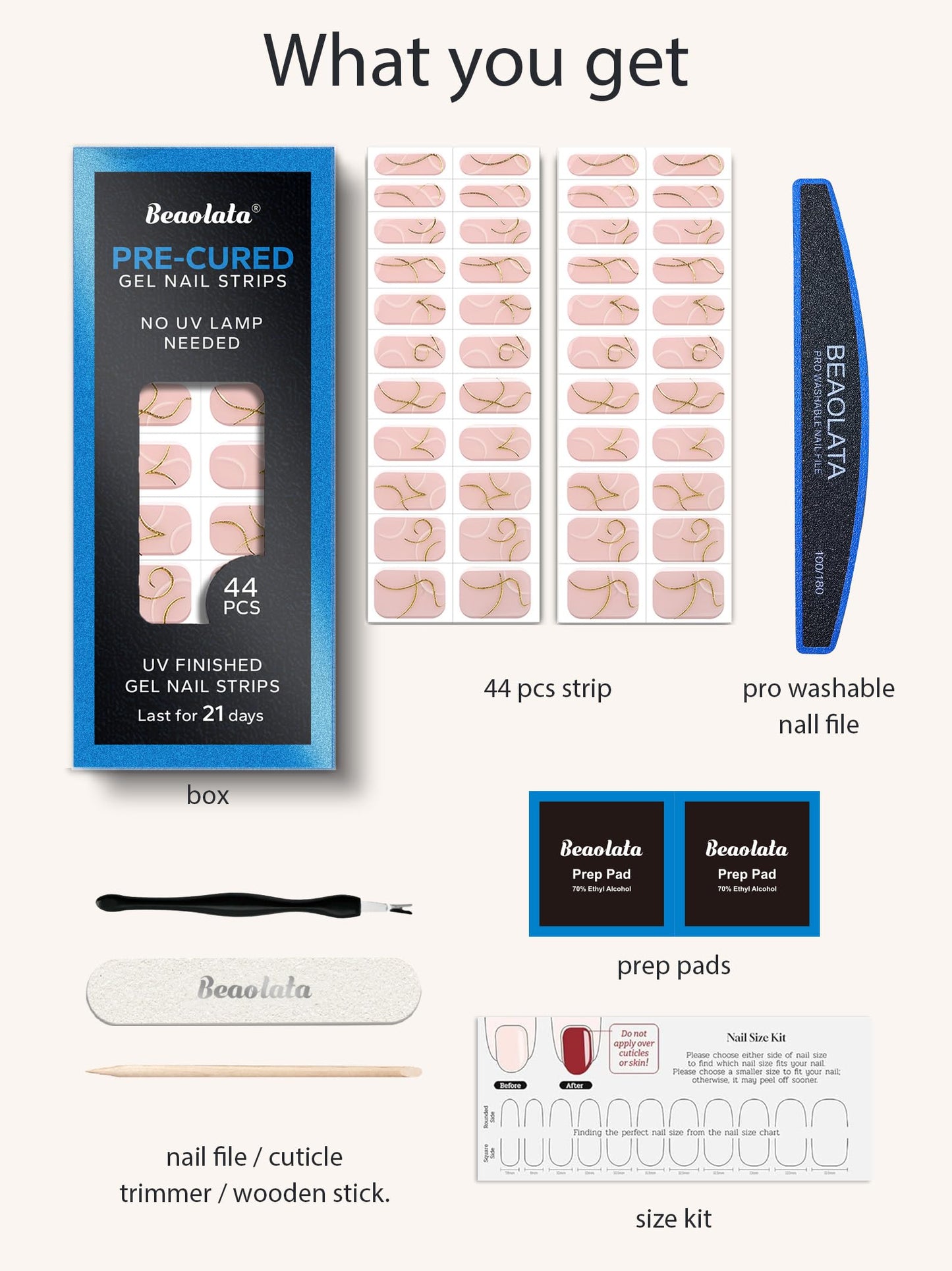 Beaolata Real Gel Nail Strips (No UV Light Needed) - 44Pcs Salon Quality Nail Stickers - Long Lasting Polish Wraps for Women, Easy Apply & Remove (Whispering Gold)