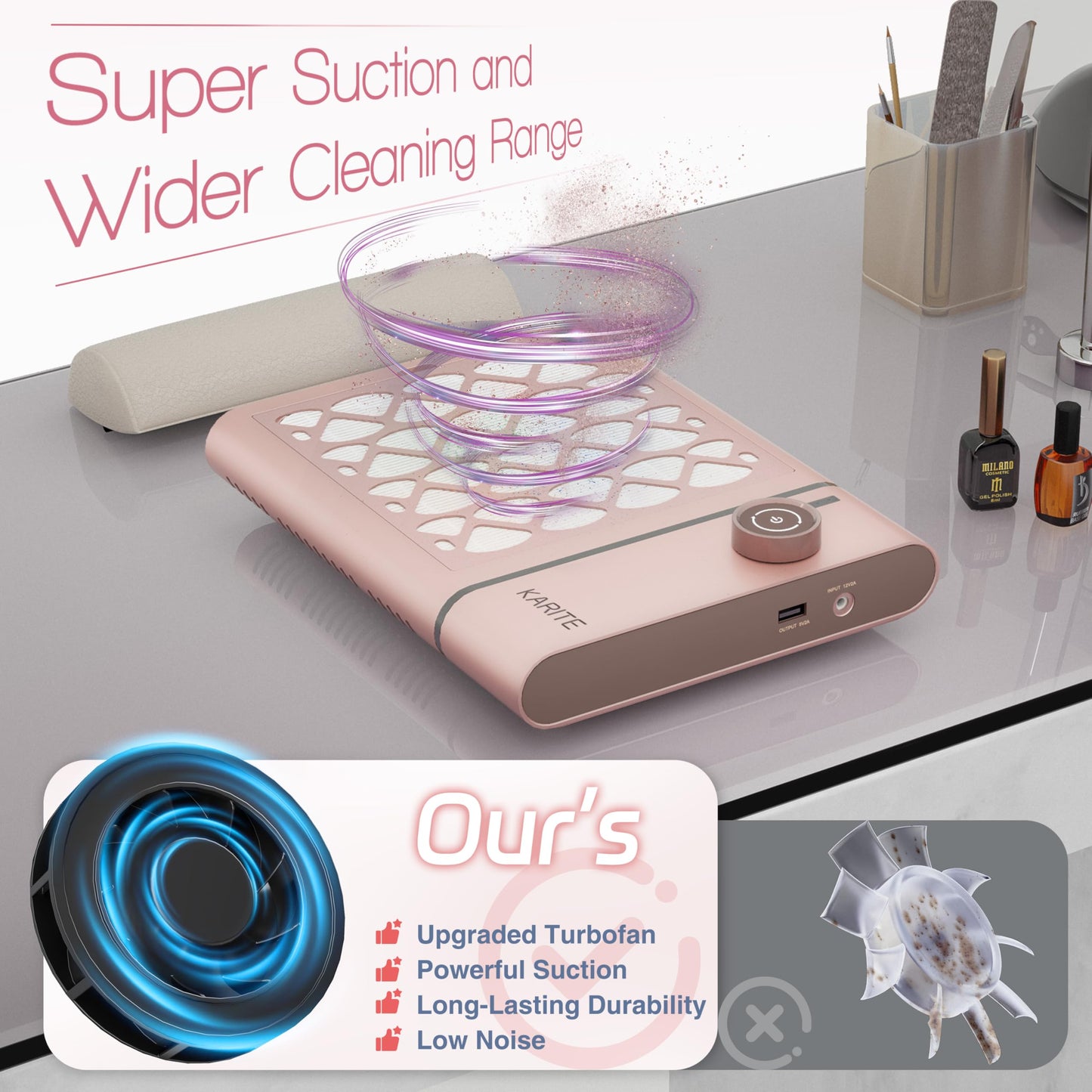 Karite Nail Dust Collector, Upgrade Vacuum Dust Collector with 30pcs Papers, 5000RPM Power Suction, 6000mAh Rechargeable Dust Collector Nail Tech, Cordless for Easy Use and Cleaning（Sakura Pink）