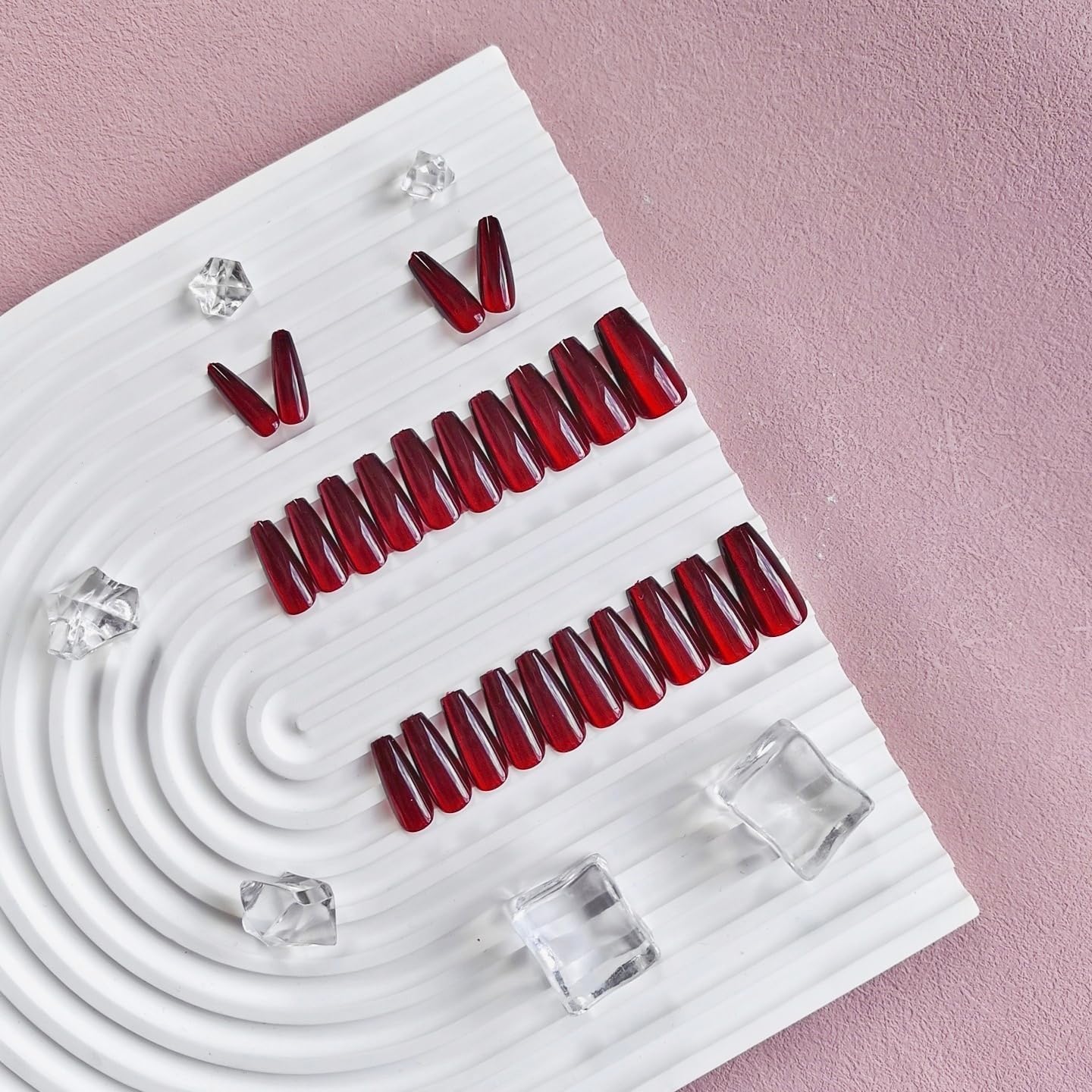 KQueenest Cat Eye Burgundy Press on Nails Medium Almond & Press on Nails Extra Long Coffin, Petite Nails for Small Hand For Women Girls Daily Party Decoration in 60 Pcs
