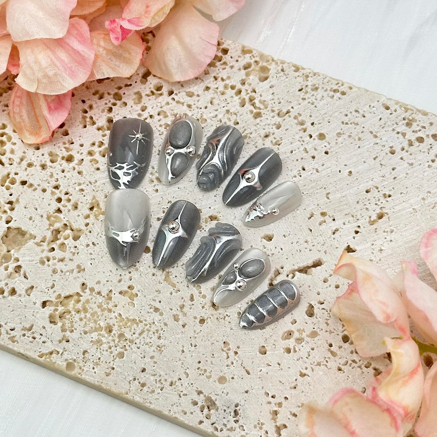30pcs French Tip Press on Nails Medium Almond Fake Nails with 3d Rhinestones Designs Glue on Nails Gothic Silver Star False Nails Grey Glossy Full Cover Artificial Acrylic Nail Decoration for Women