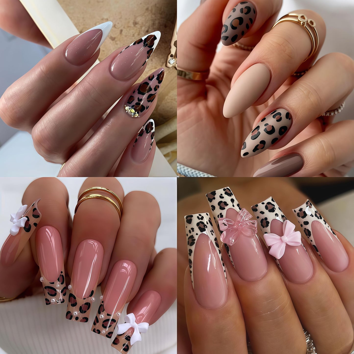 6 Sheets Leopard Print Bow Nail Stickers 3D Self-Adhesive Brown White Bow Tie Nail Decals Cute Bow Star Heart Nail Design Valentines Manicure Accessories Nail Art Stickers for Women Nail Decorations