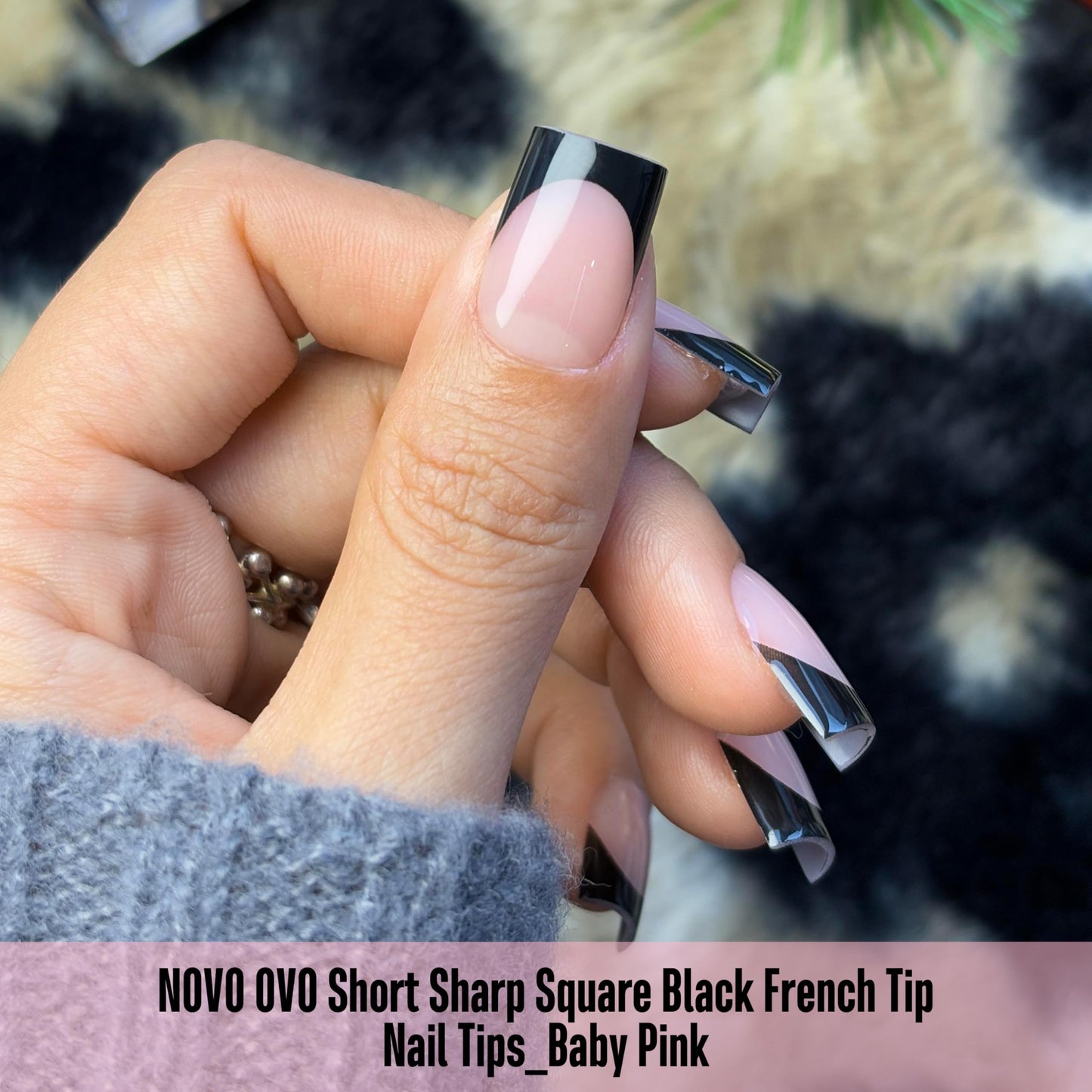 NOVO OVO Short Sharp Square Black French Tip Nail Tips Press on BABY PINK, Extra Thick NEED Nail Glue Builder Gel Top Coat, Soft Gel Full Cover Fake Flase Nail Extension for DIY x 15 Sizes 240 pcs