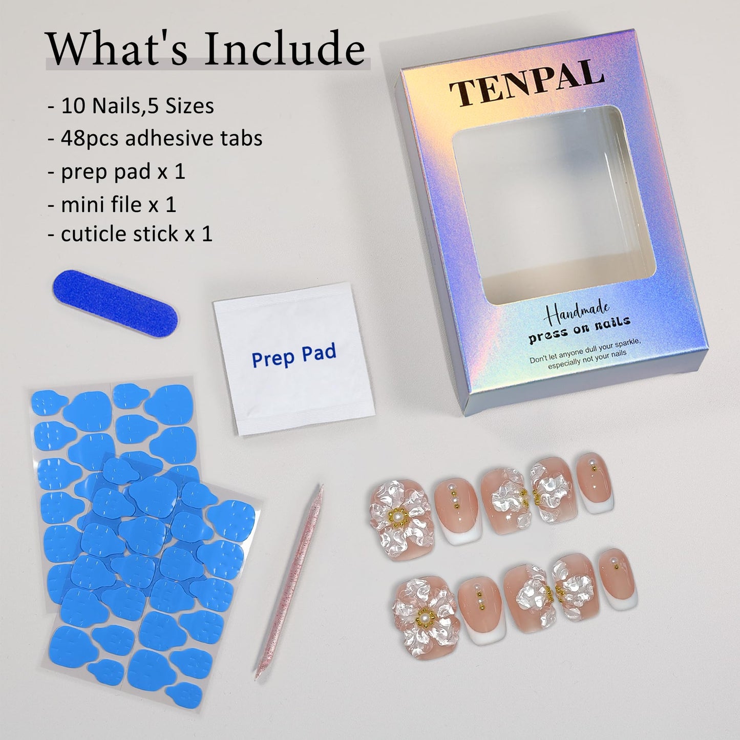 TENPAL Press On Nails with Tools Kit,Nude French 3D Floral Embossed Short Round Square False Nails,White French Glue on Nail,Chinese Style Ice Gel Reusable Fake Nails for Daily Wedding Party 10Pcs(S)
