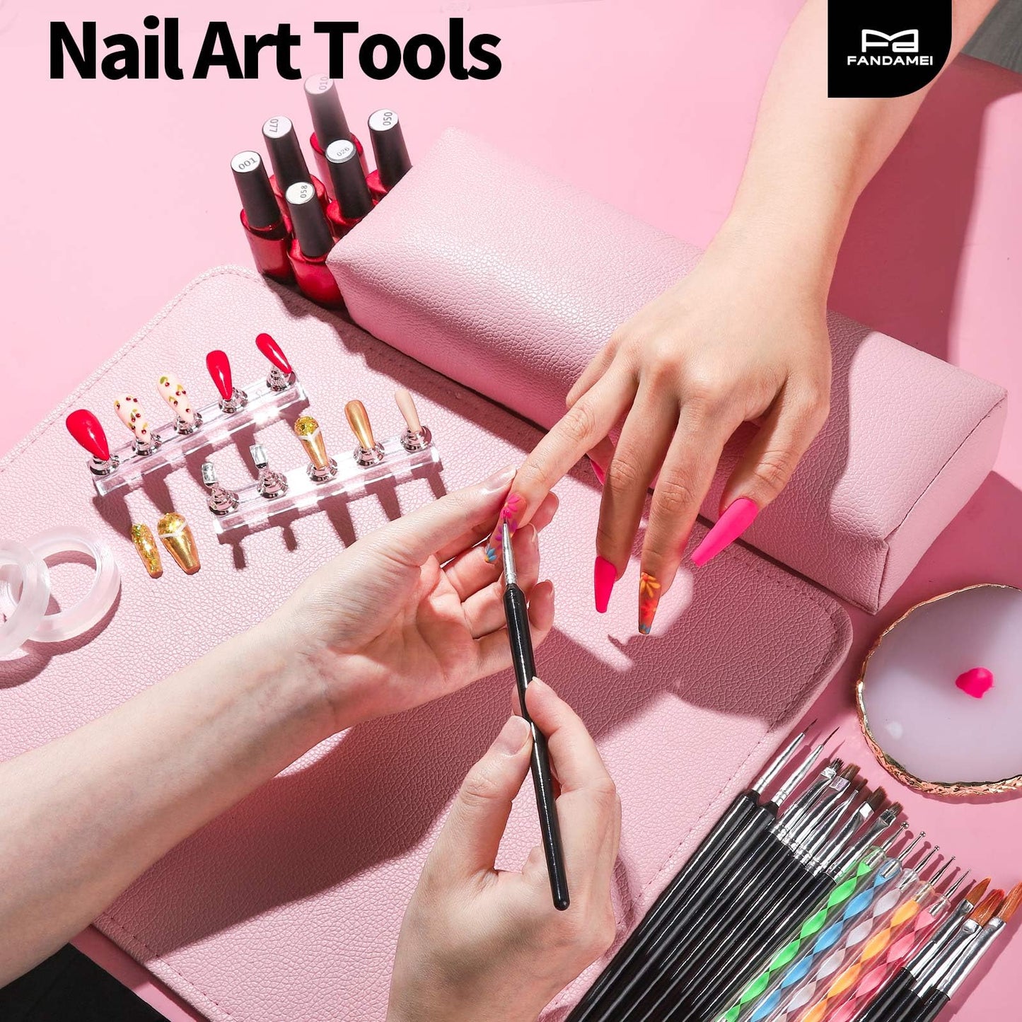 FANDAMEI Nail Art Brushes, Nail Art Tools, Nail Design Tools, Nail Brush Set With Nail Stand, Nail Holder For Painting Nails, 11PCS Nail Brushes For Nail Art, 5PCS Nail Dotting Tool, Nail Art Palette