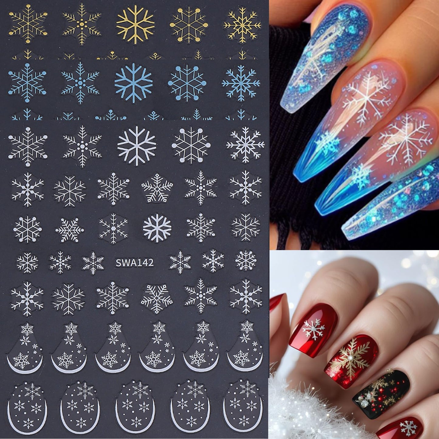 Christmas Holiday Nail Art Stickers 16PCS 3D Santa Claus Deer Decals for Nail Art Seasonal Fingernail Designs White Snowflake Gingerbread Man Self-Adhesive Manicure Decorations Accessories for Women
