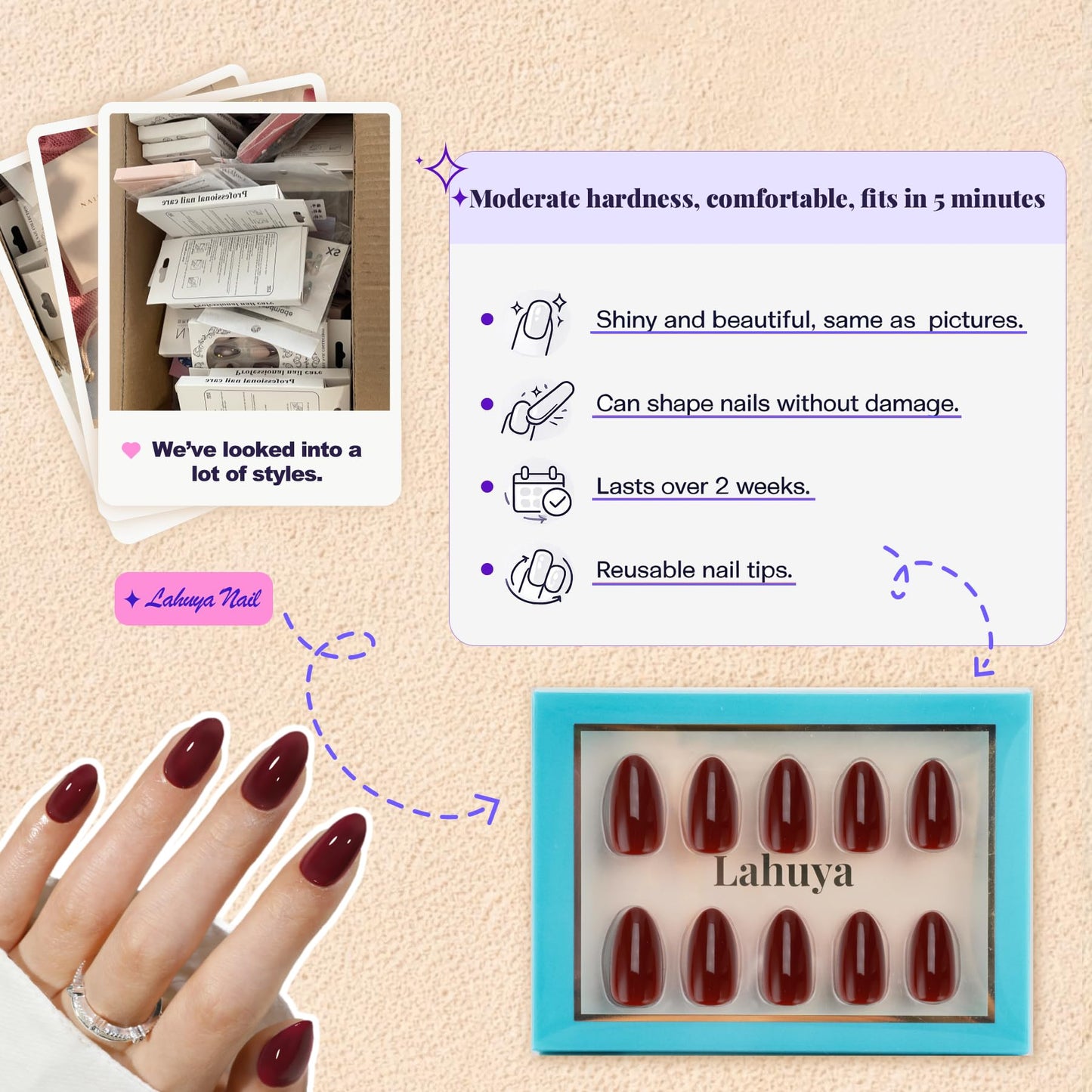 LAHUYA Press On Nails – Velvet Wine | Nail Artist Designed Short Almond Fake Nails with Deep Wine Red Glossy Finish, Reusable Press On Nails in 15 Sizes – 30 Nails Kit with Glue