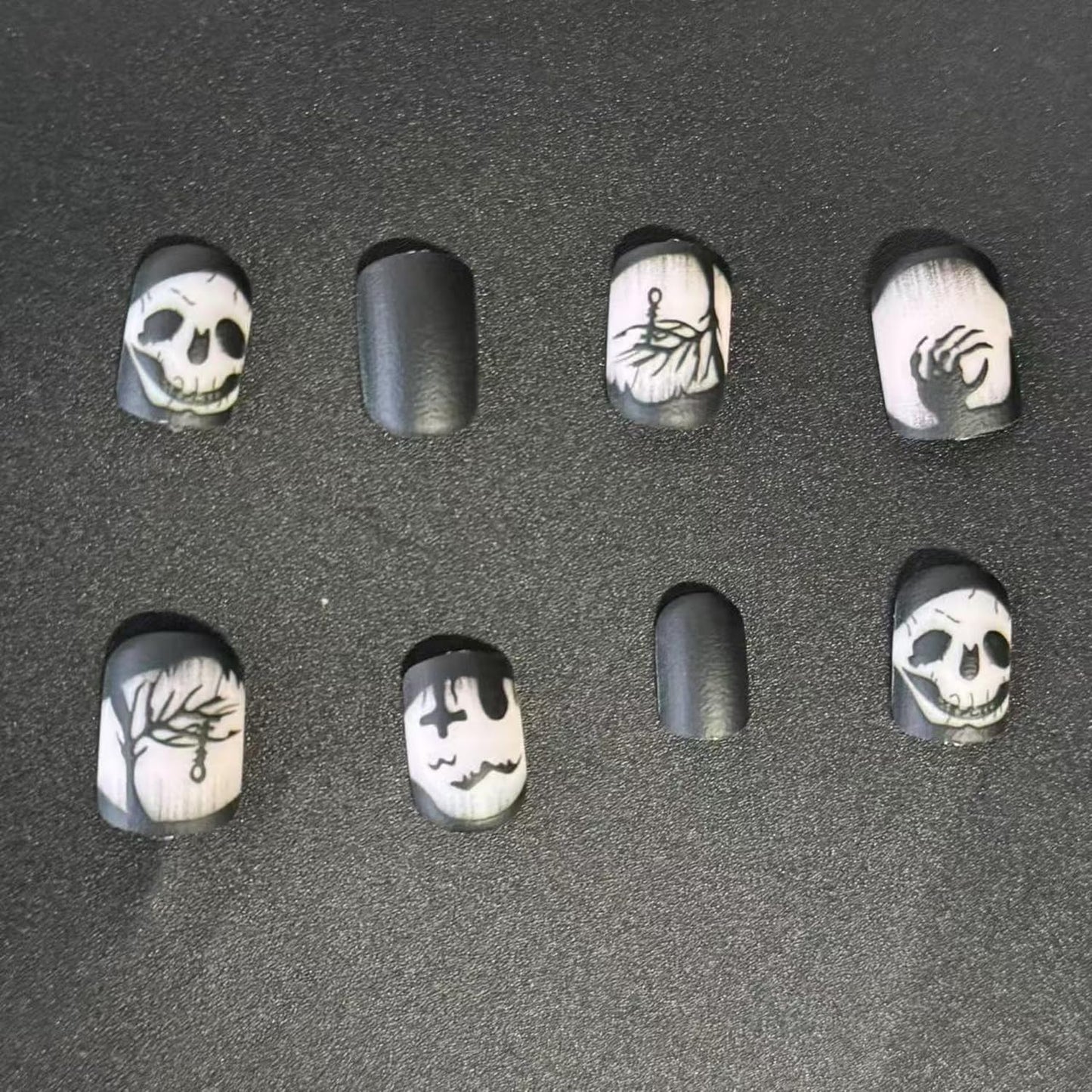 Halloween Press on Nail Short Square Fake Nails Black with Skull Plam design Horror Press ones False Nails Full Cover Matte Stick Glue on Nails Reusable Halloween Nail Accessories for Women Party24pcs