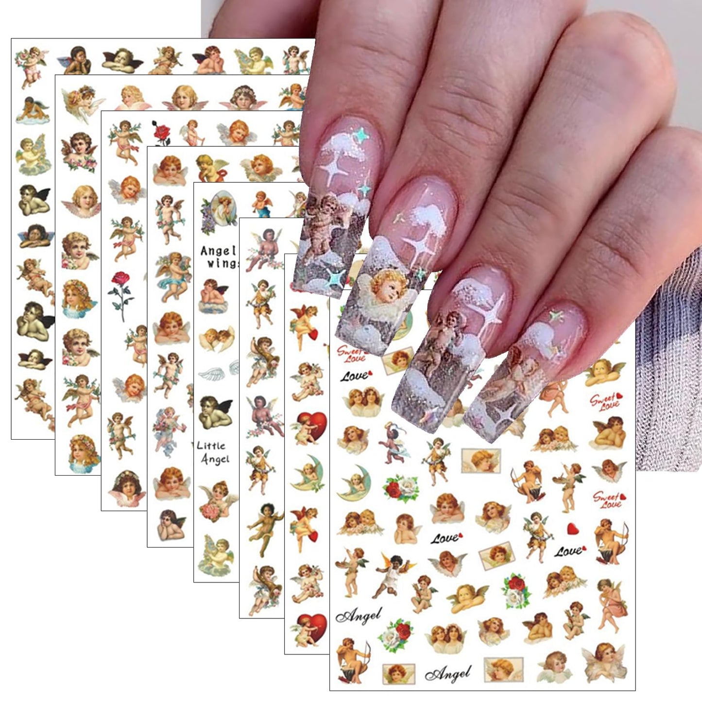 8 Sheets Angel Nail Art Stickers 3D Self-Adhesive Rose Flowers Nail Stickers Decals Cupid Love Heart Wings Nail Art Design Stickers Valentine's for Women Acrylic DIY Manicure Decorations