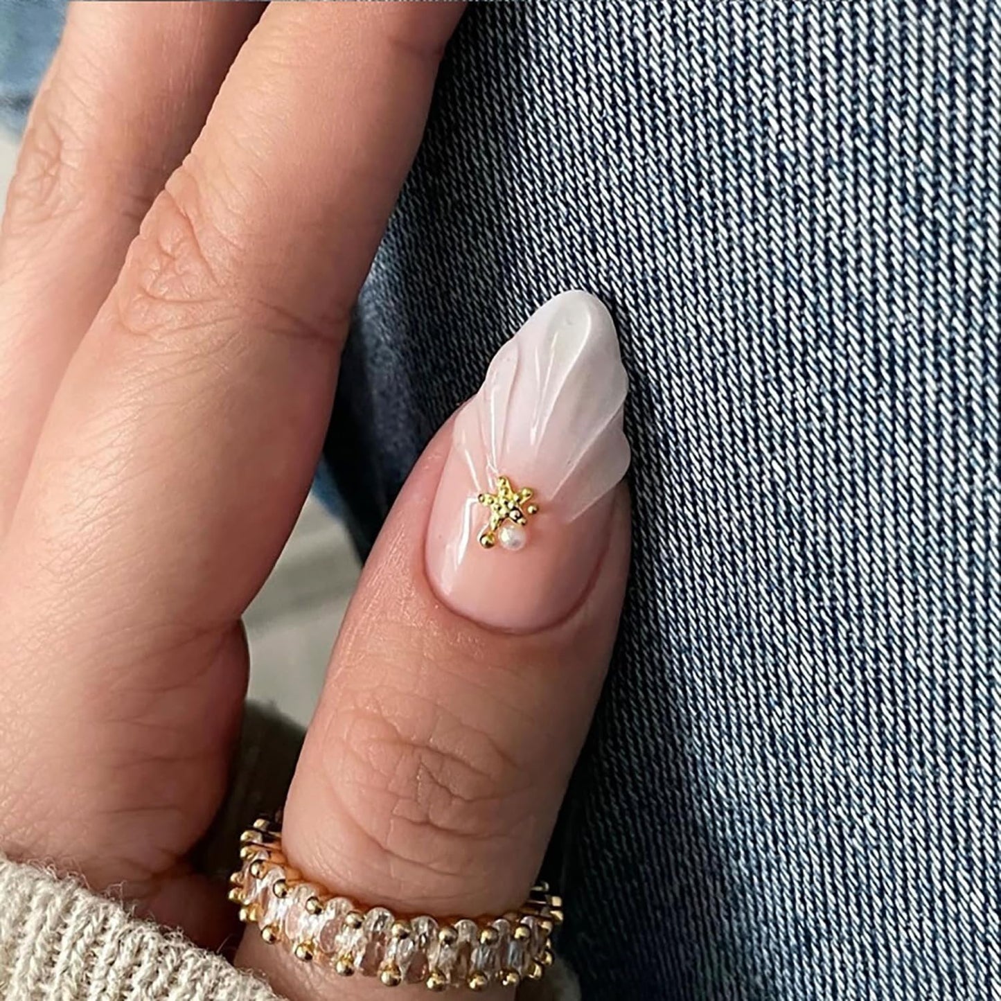 24Pcs Summer Press on Nails Medium Almond White French Tip Fake Nails with 3D Designs Summer Flower False Nails Gold Starfish Rhinestones Stick on Nails 3D Shell French Tips Acrylic Nail for Women