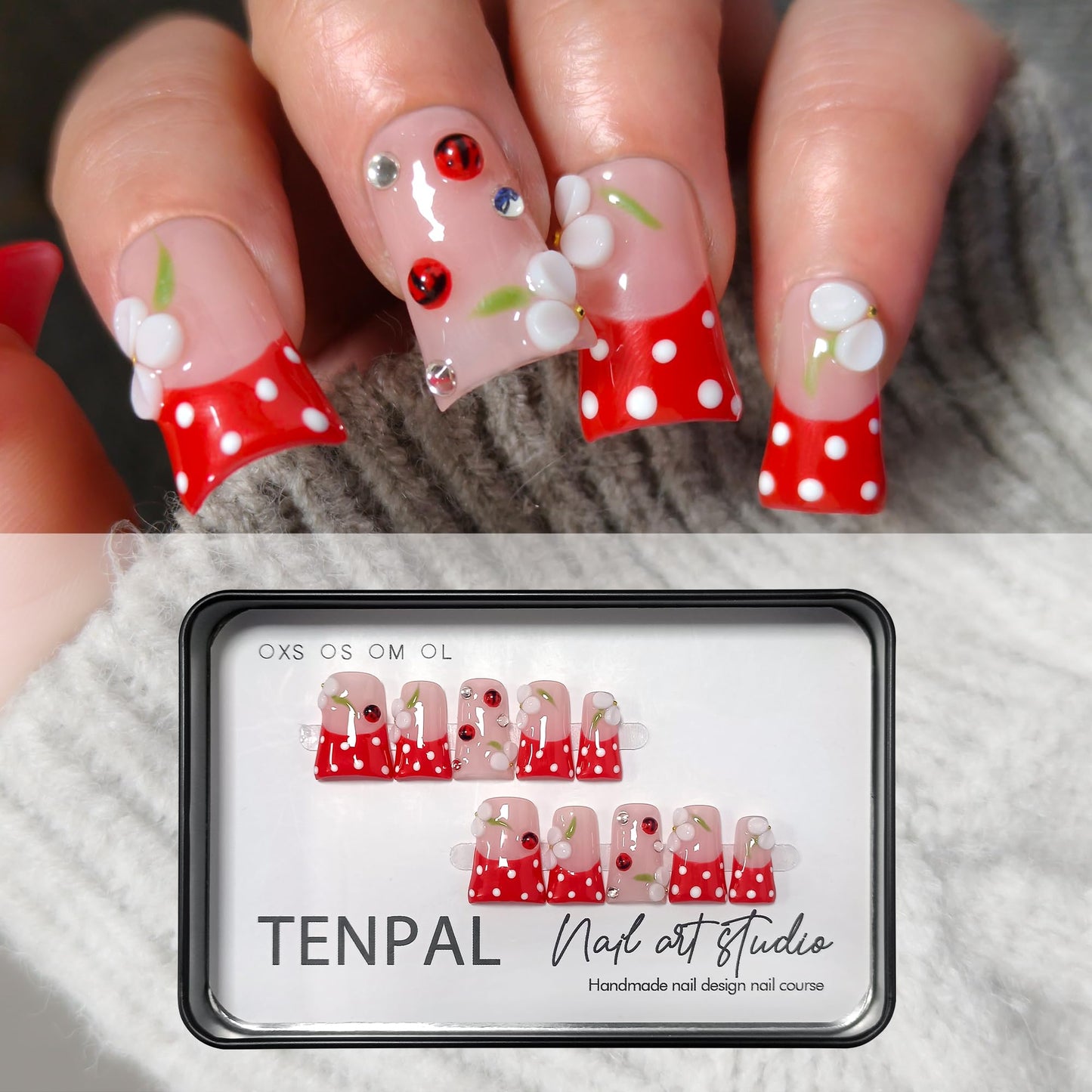 Duckbill Press on Nails - Red French with White Polka Dots & Glass Beads | Glossy Handmade False Nails | Kawaii Cherry Style for Spring(S)